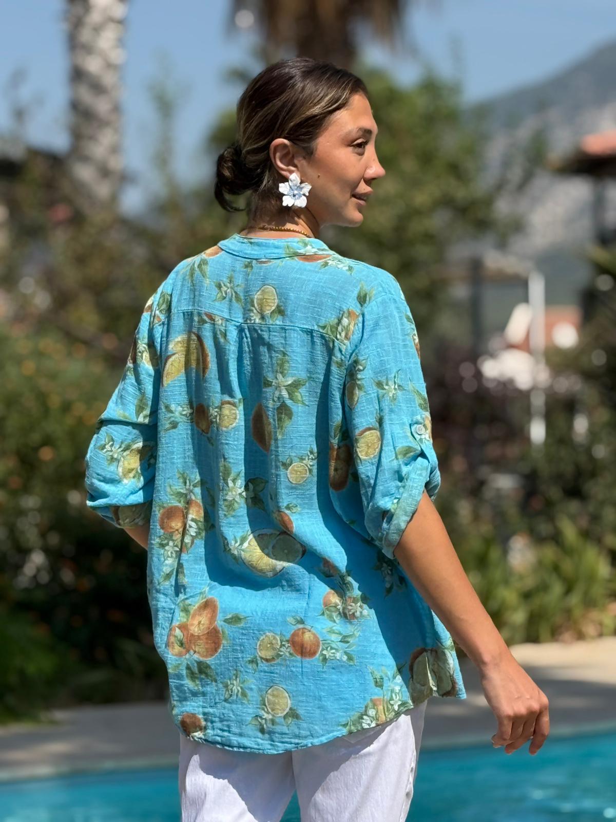 NC154553 İtalyan Pamuk Keten Bluz Turkuaz