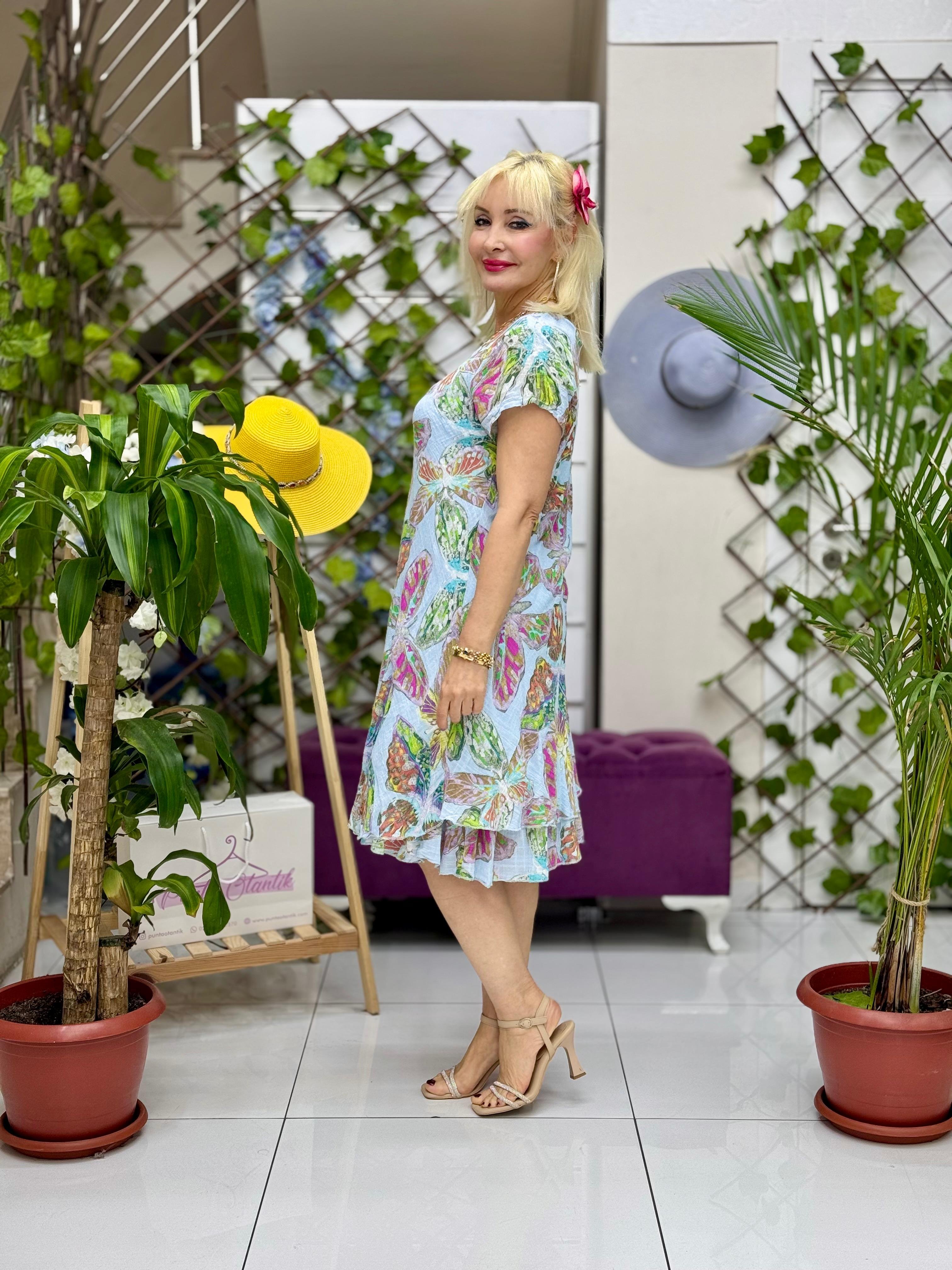 N5012-26 Vestido Italiano Manga Corta Algodón Lino Azul