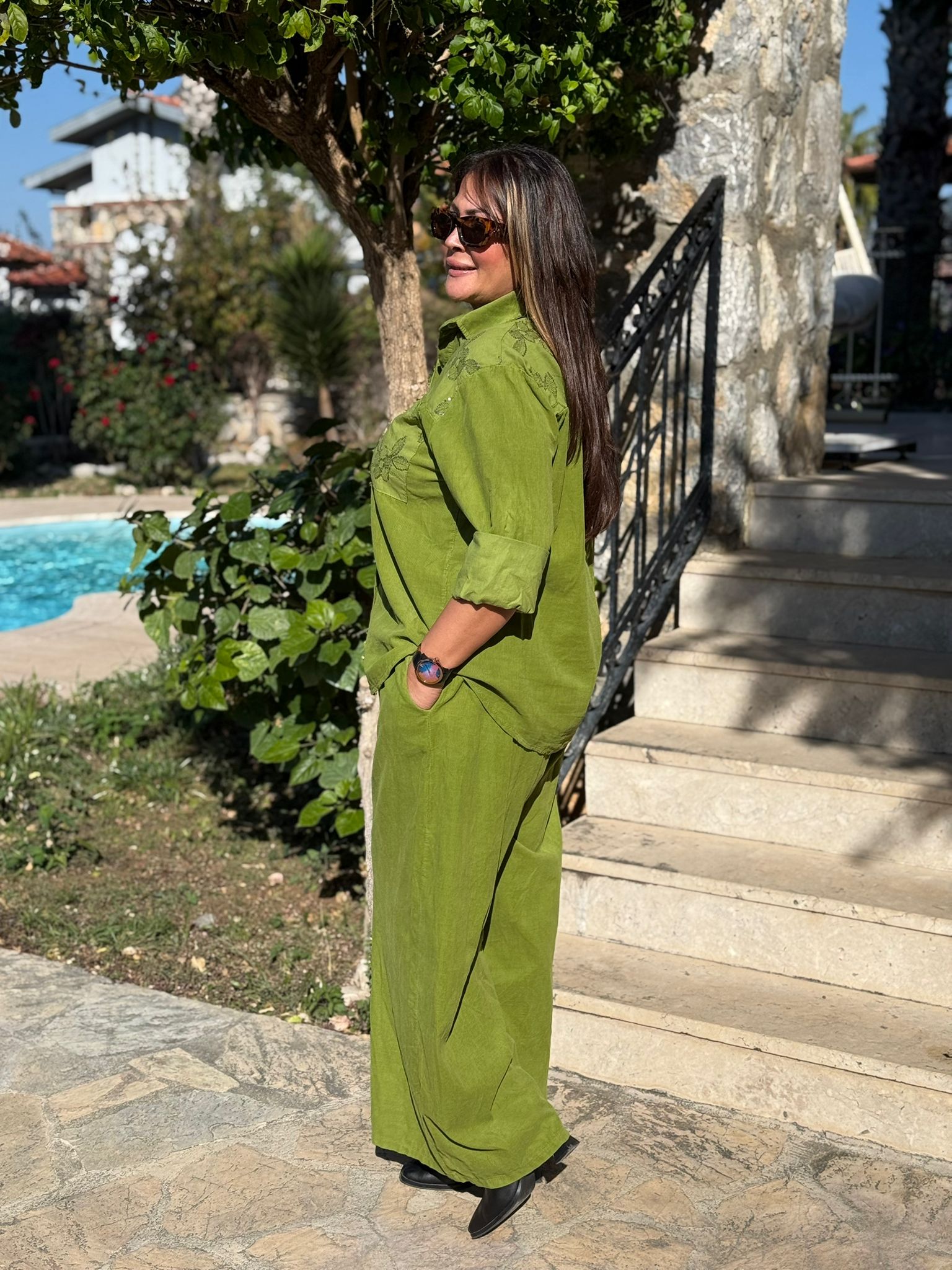 NC25446 İtalyan Kadife Pullu Pantolon Bluz Takım Fıstık Yeşili