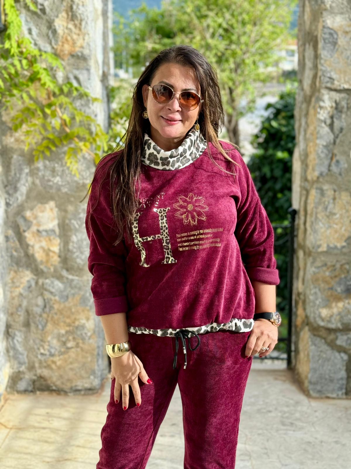 PT10476 İtalyan Leopar Detay Kadife Takım Bordo