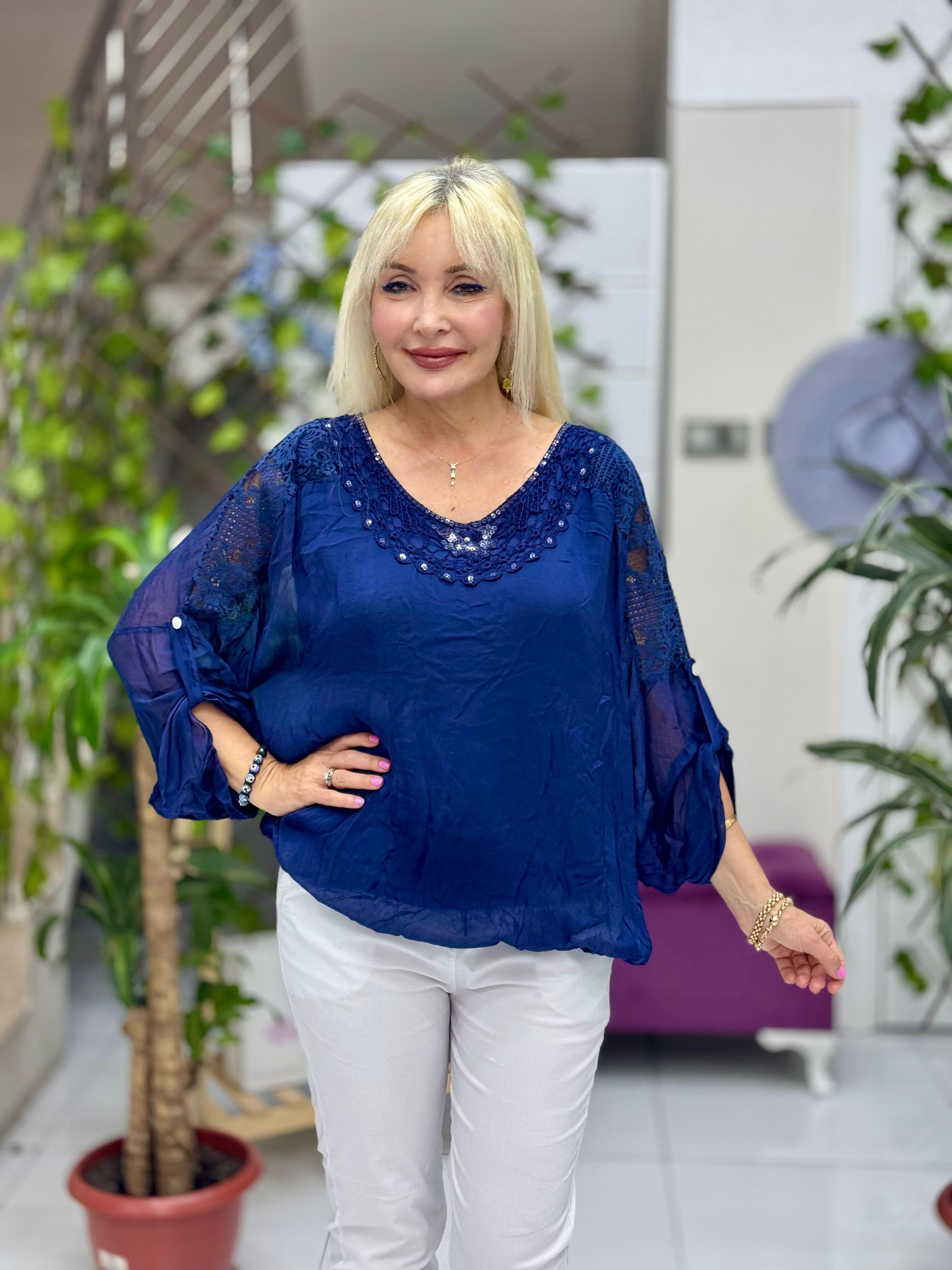 NC274-1 İtalyan Ön-Arka Dantel İpek Bluz Lacivert