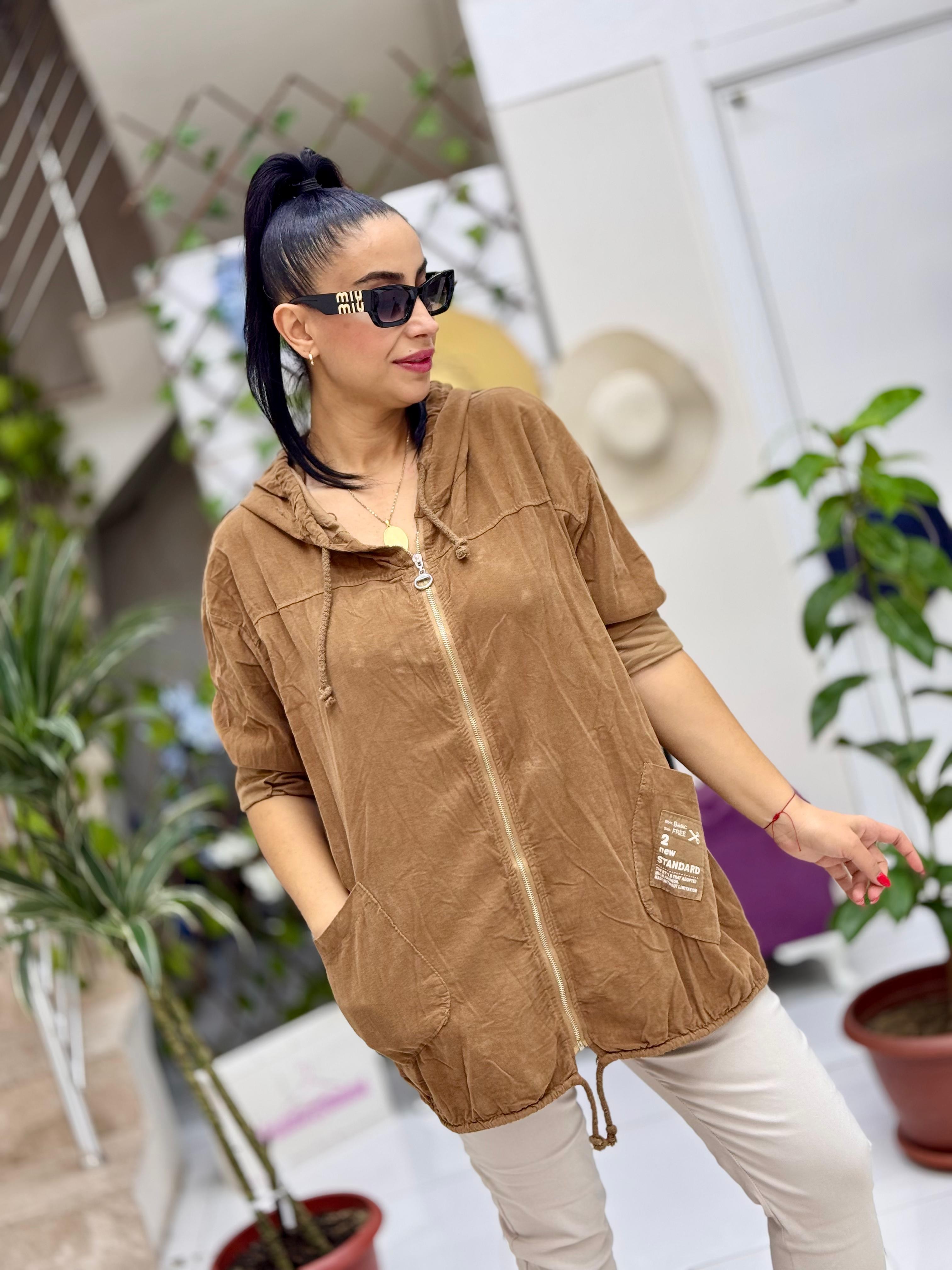 LS34356 İtalyan Kapişonlu Kadife Ceket Caramel