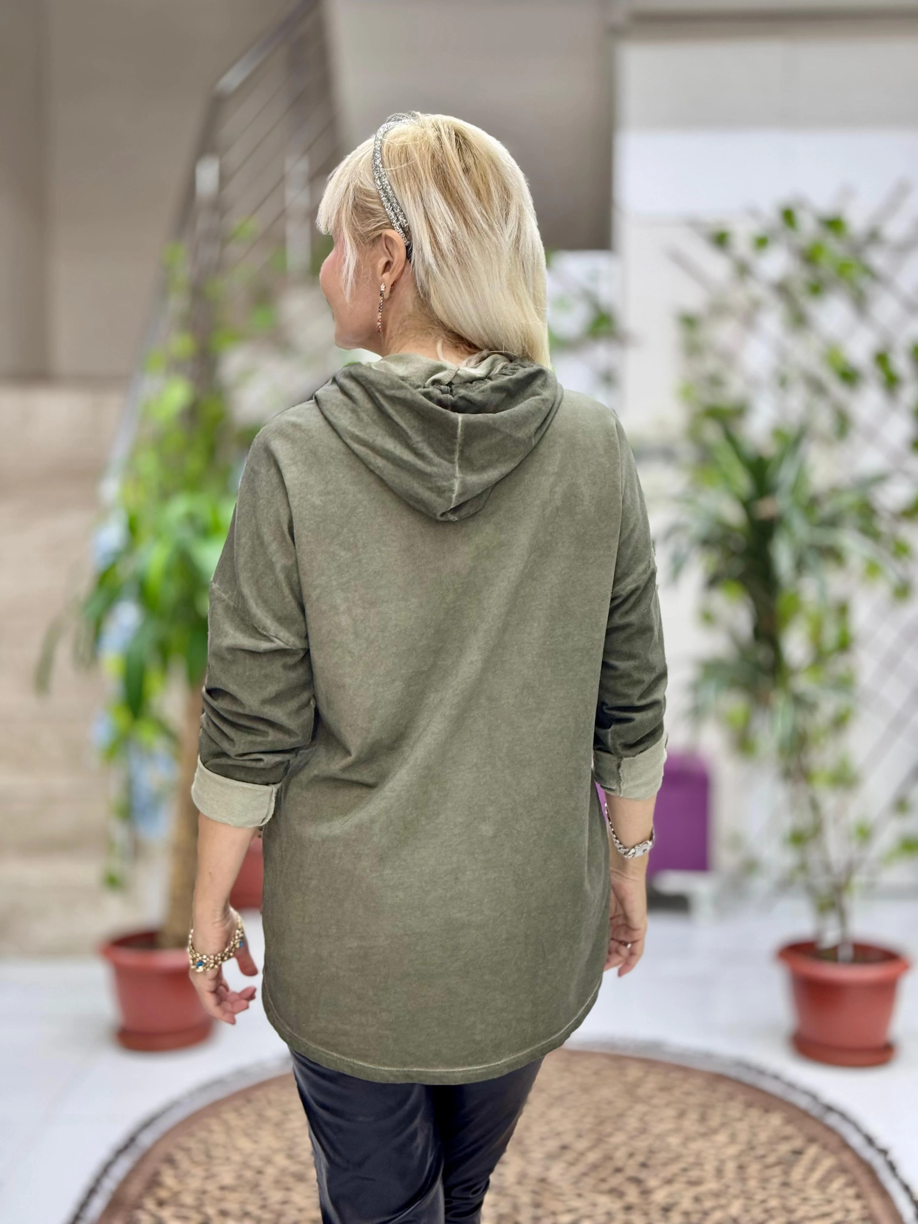 NC56868 İtalyan Enjoy Yazılı Kapüşonlu Coton Sweatshirt Haki