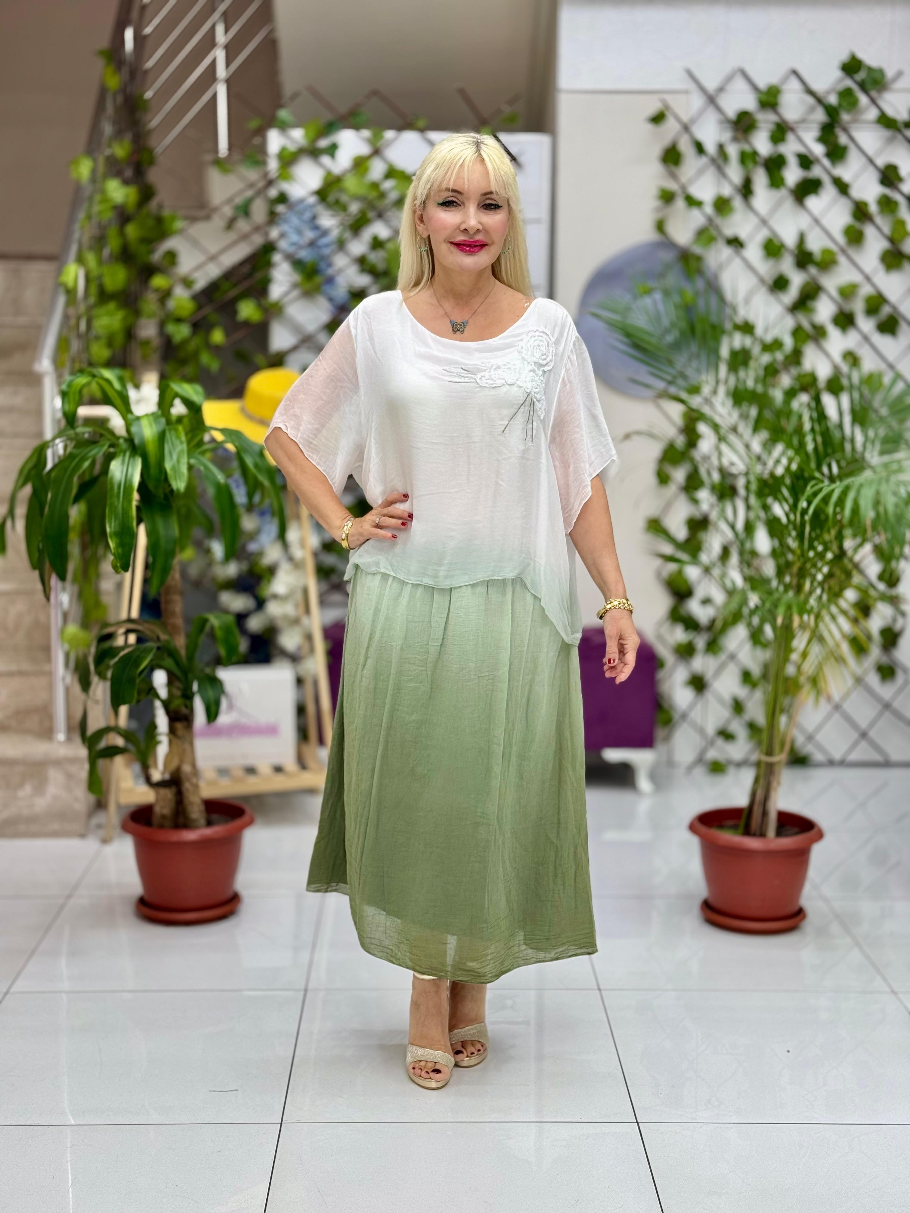 YG5041 Çiçek Desen İpek Coton Elbise Haki