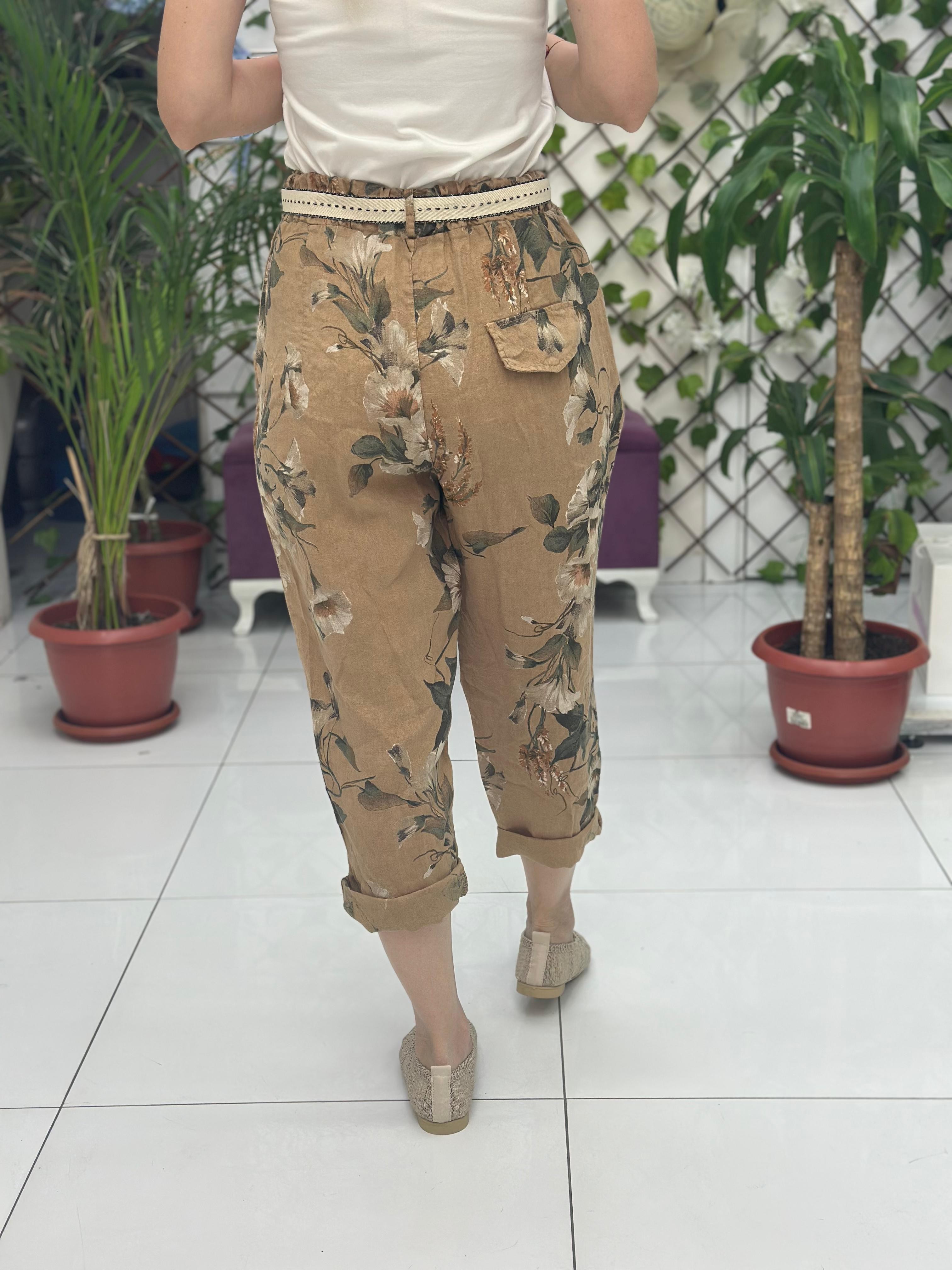 NC7232 İtalyan Yüksek Bel Keten Bilek Pantolon Camel