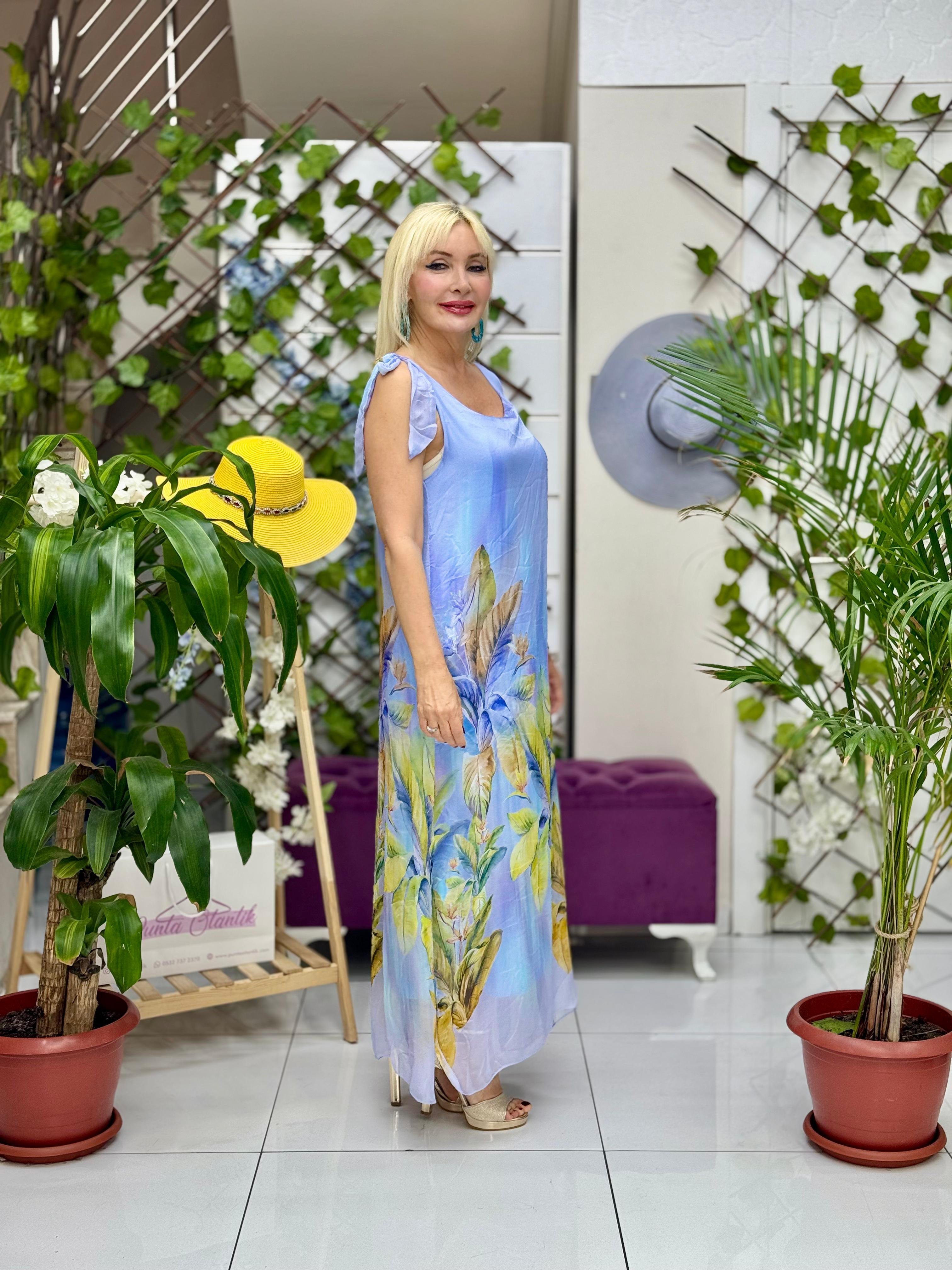 YG6024 İtalyan Omuz Bağlamalı İpek Elbise Bebemavi