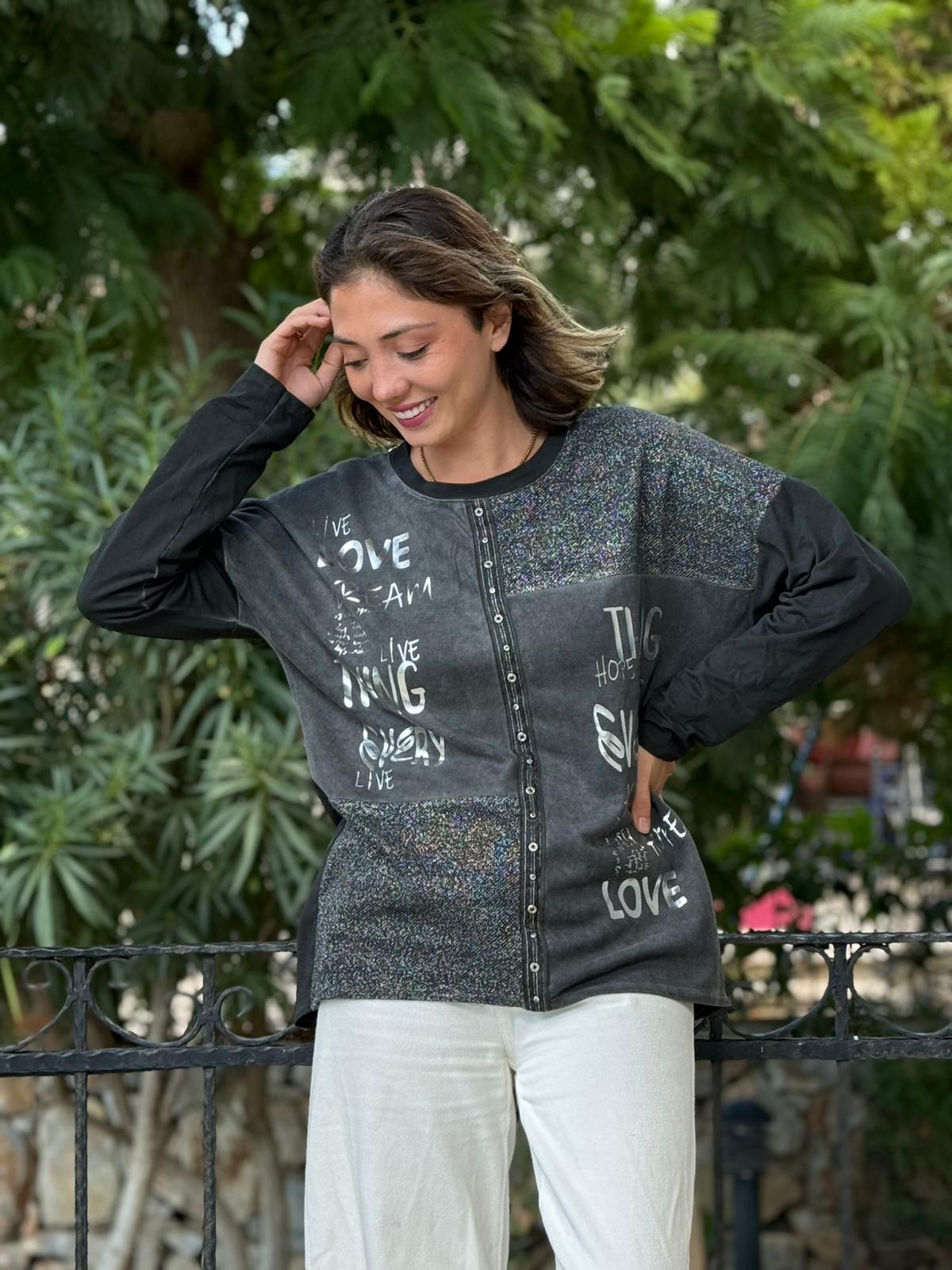 NC53761 İtalyan Yazılı Ve Taşlı Coton Sweatshirt Siyah
