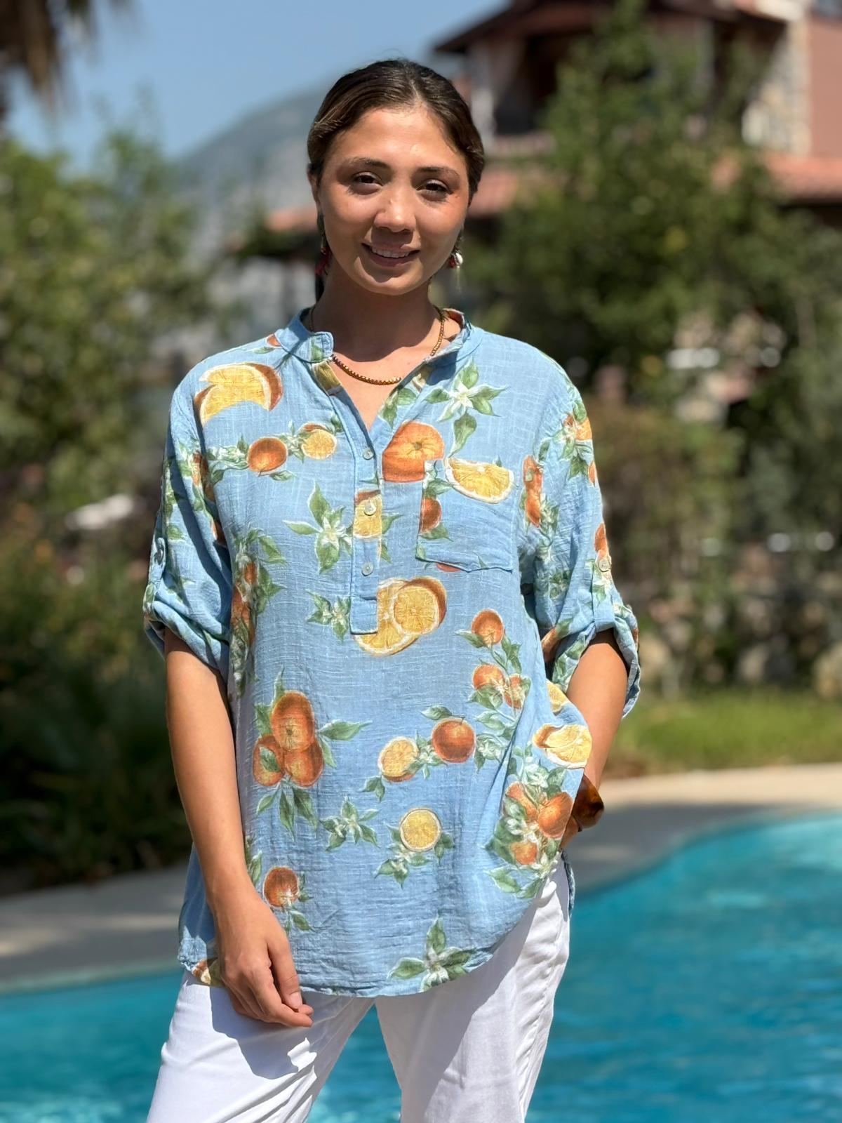 NC154553 İtalyan Pamuk Keten Bluz Mavi