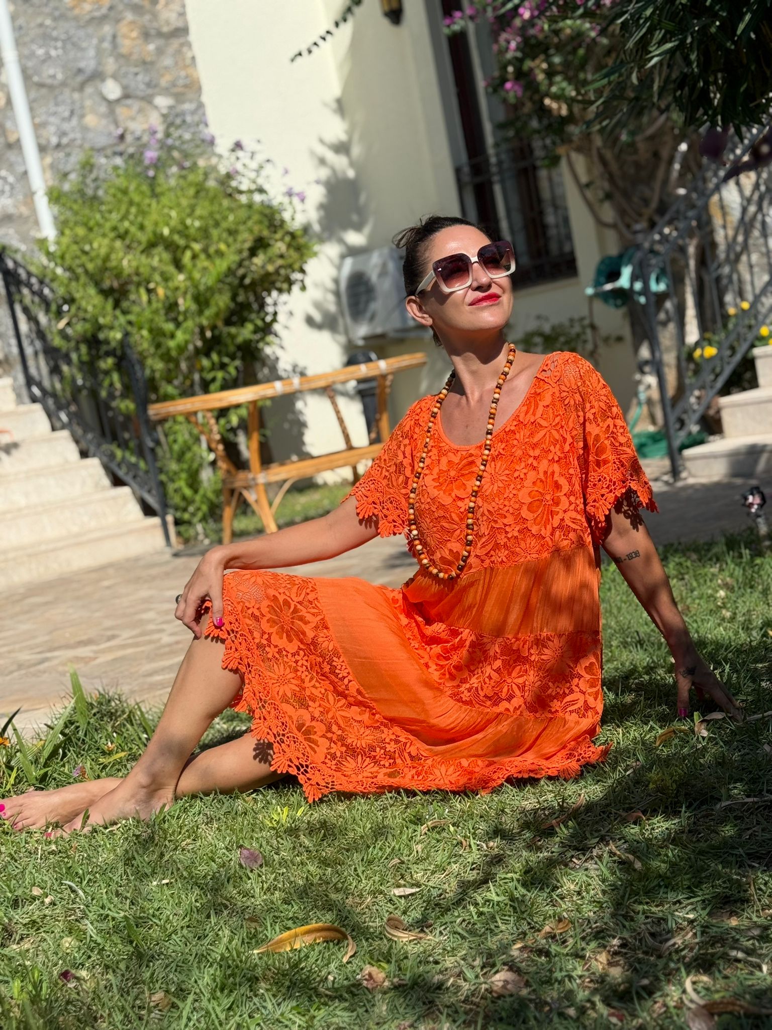 NCC10337 İtalyan İpek Elbise Oranj