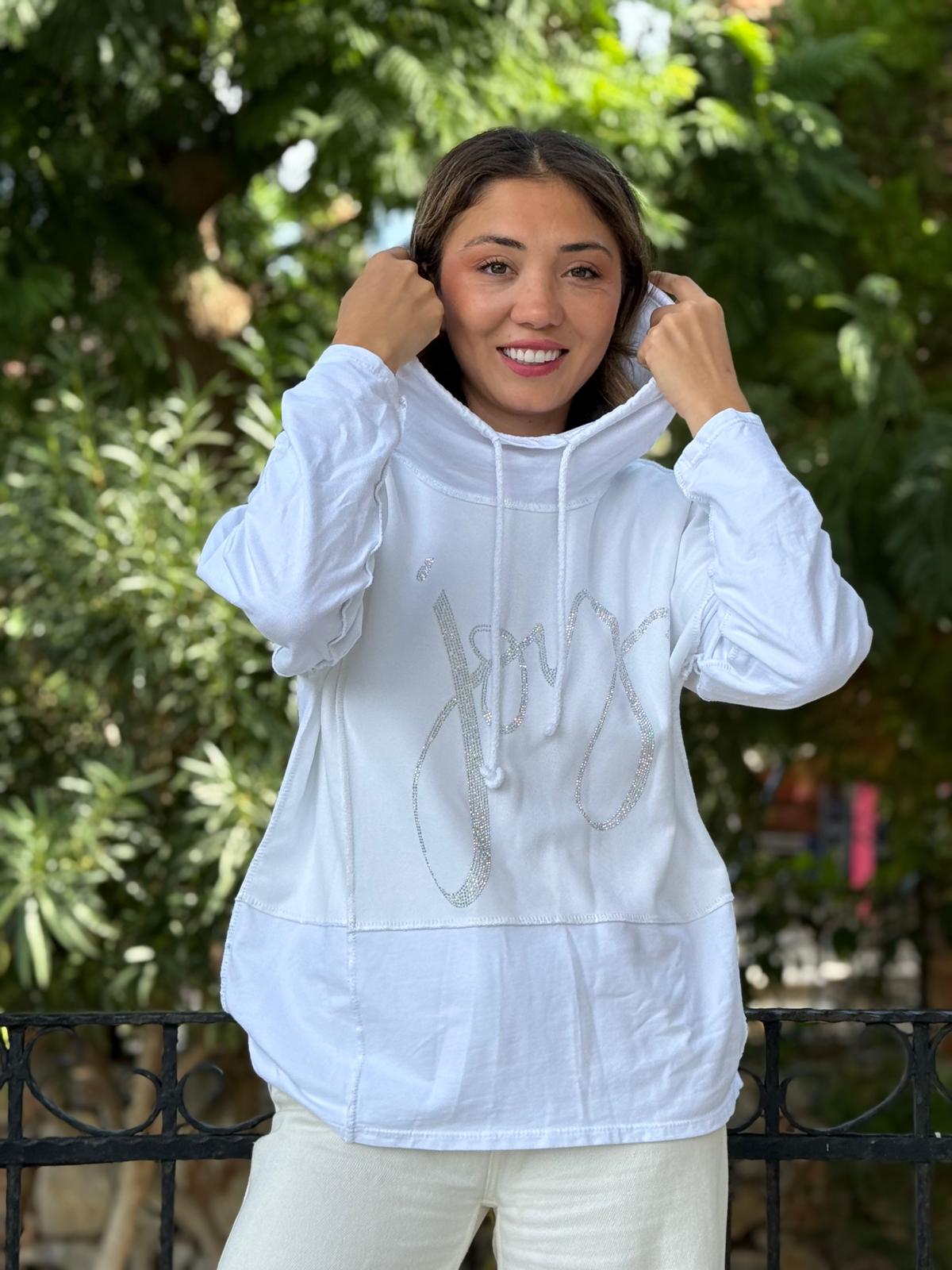 NC8533C İtalyan Joy Taşlı Kapüşonlu Coton Sweatshirt Beyaz