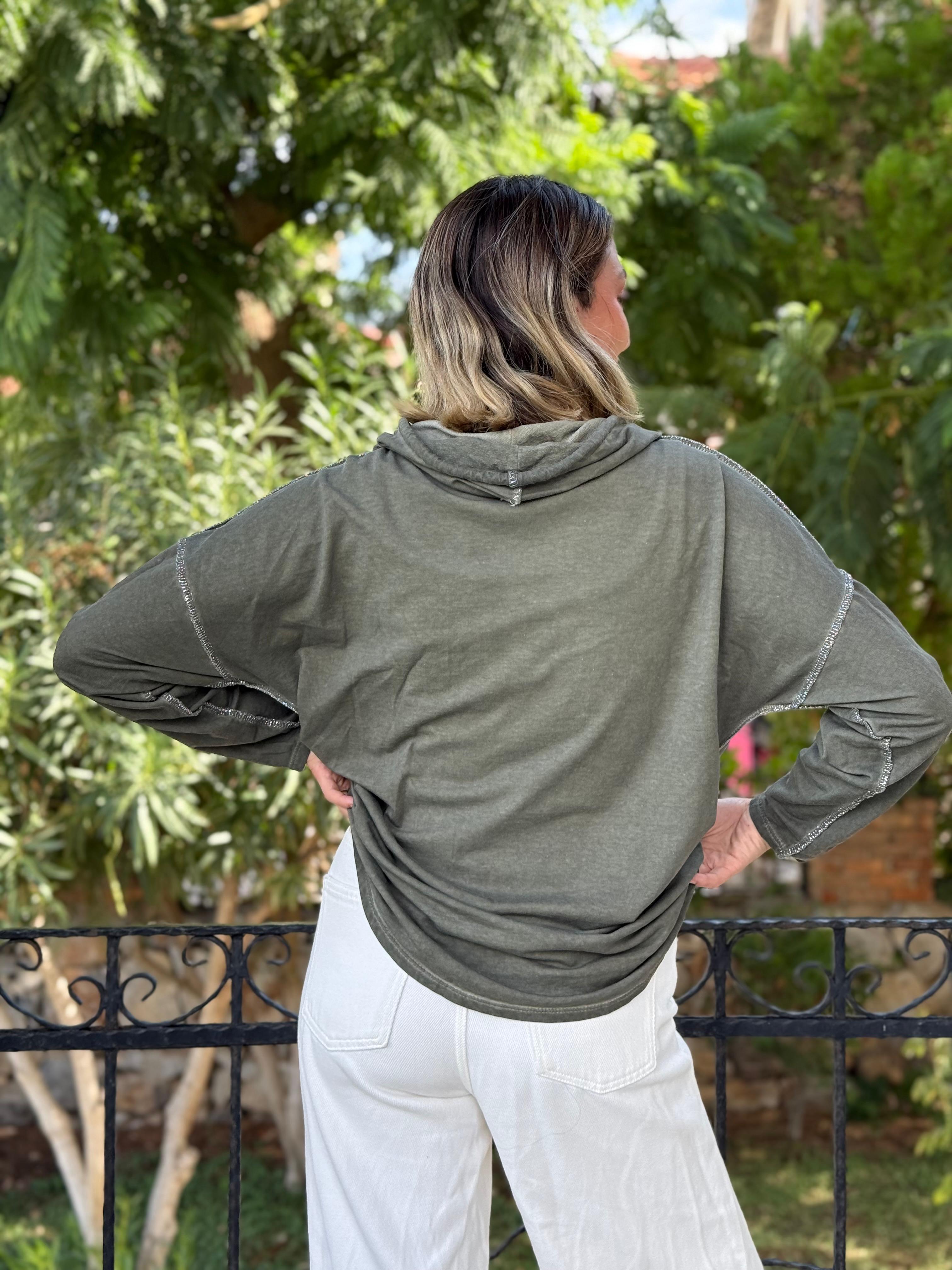 NC8533C İtalyan Joy Taşlı Kapüşonlu Coton Sweatshirt Haki