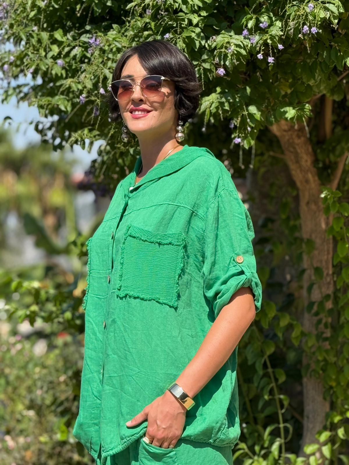 PT2256 İtalyan Önü Cepli Kapüşonlu Keten Takım Zümrüt