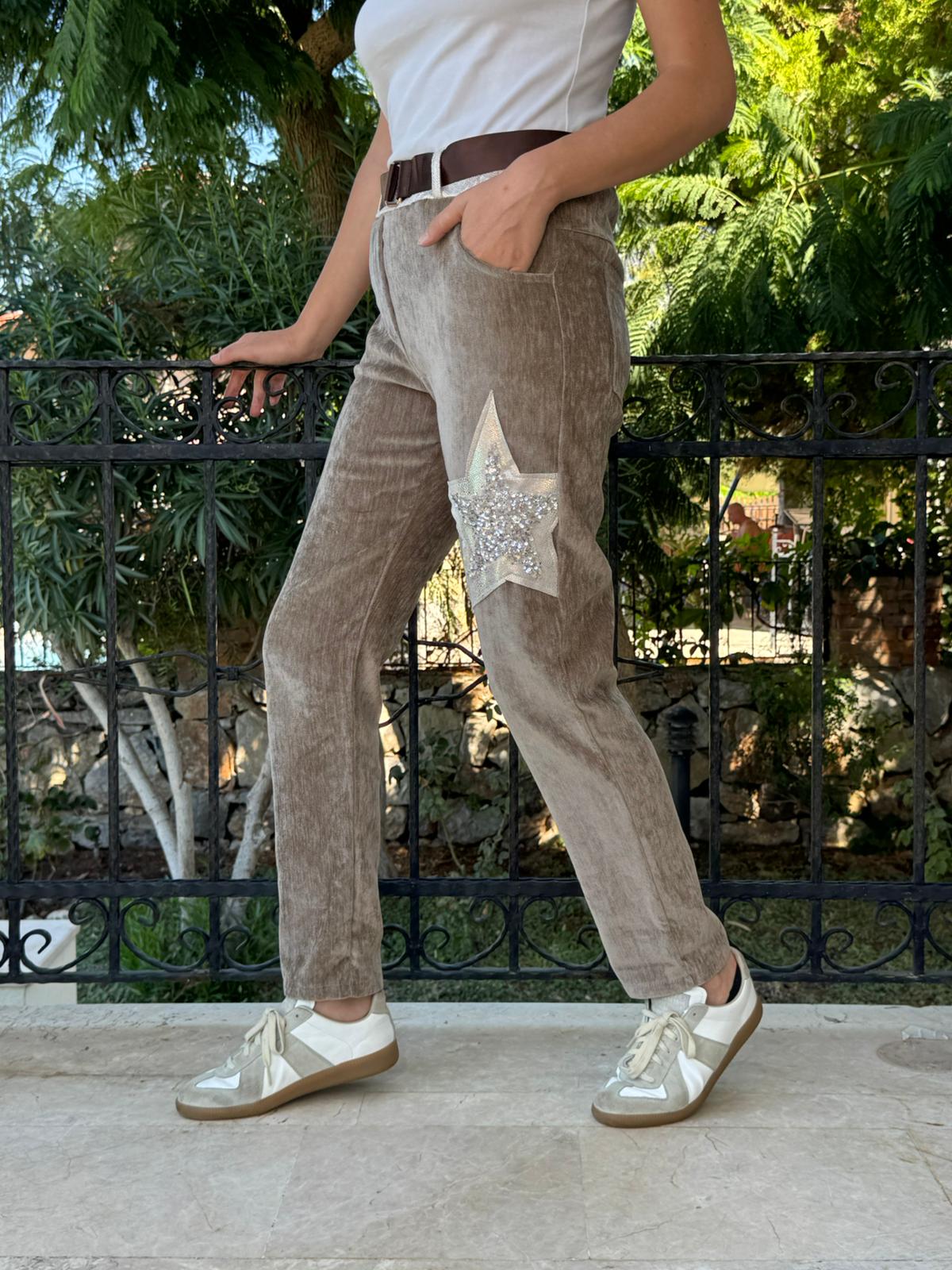 LS12520 İtalyan Yıldız Taşlı Kadife Pantolon Vizon