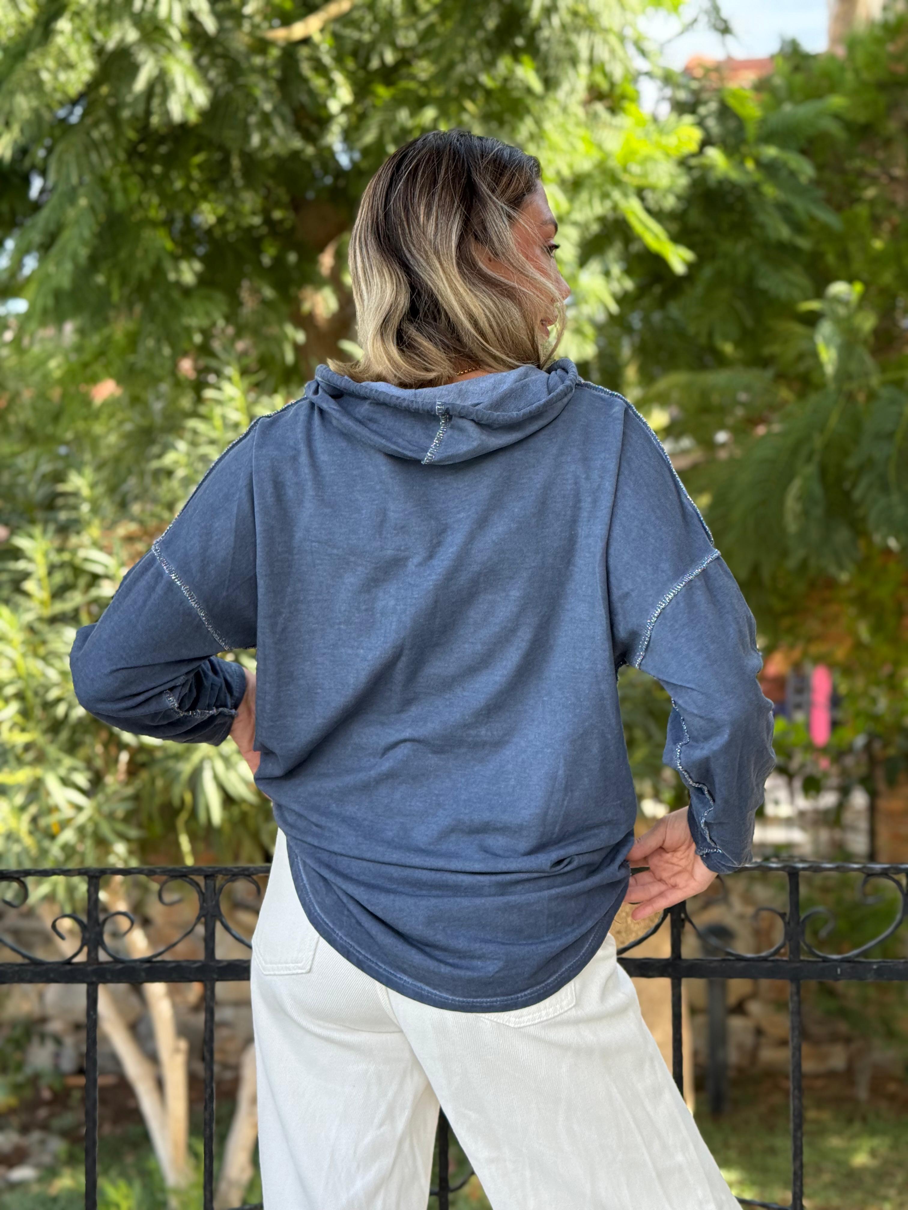 NC18533 İtalyan Joy Taşlı Kapüşonlu Coton Sweatshirt Mavi