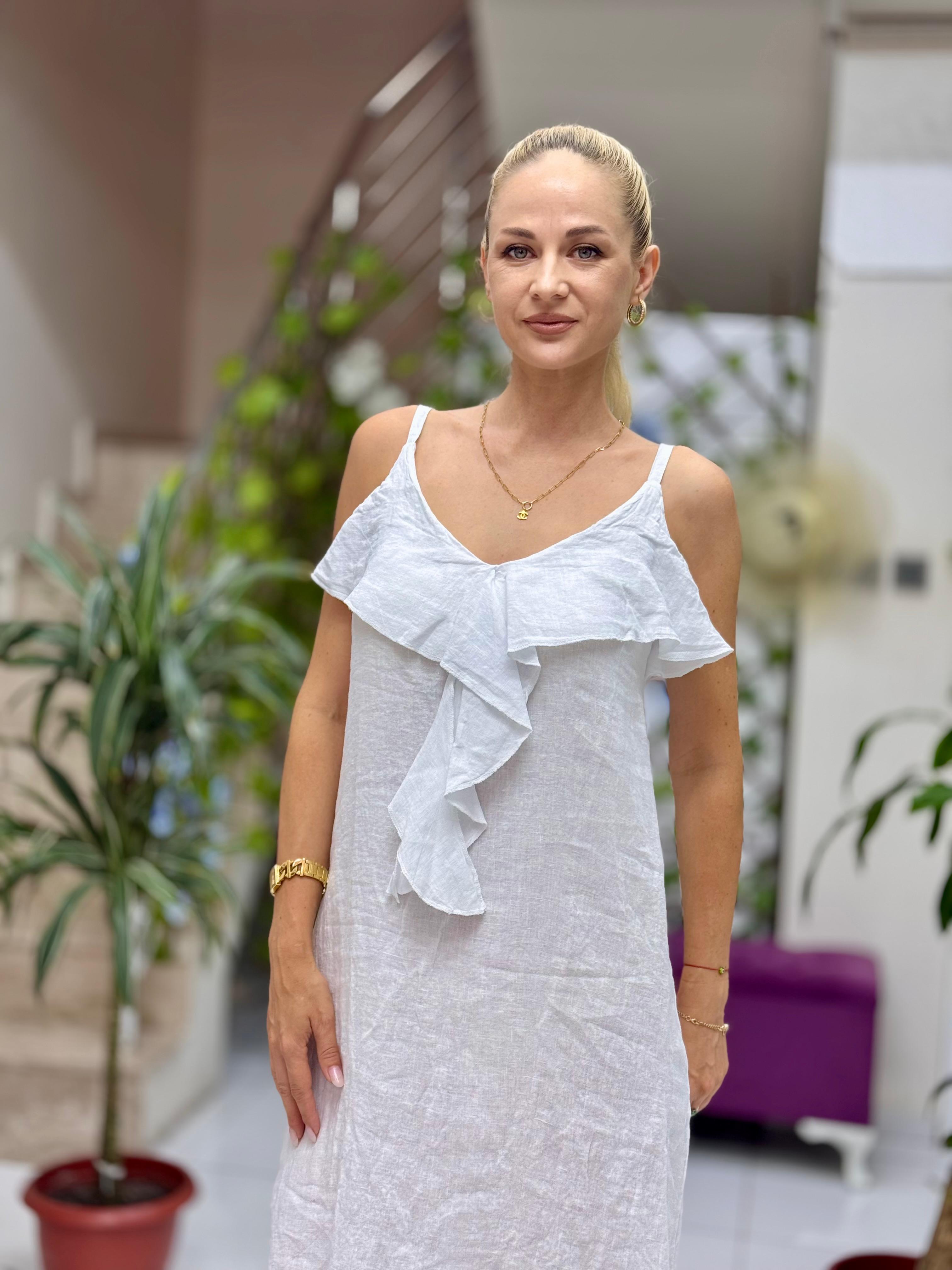 NC2132 İp Askılı Keten Önü Fırfırlı İtalyan Elbise Beyaz