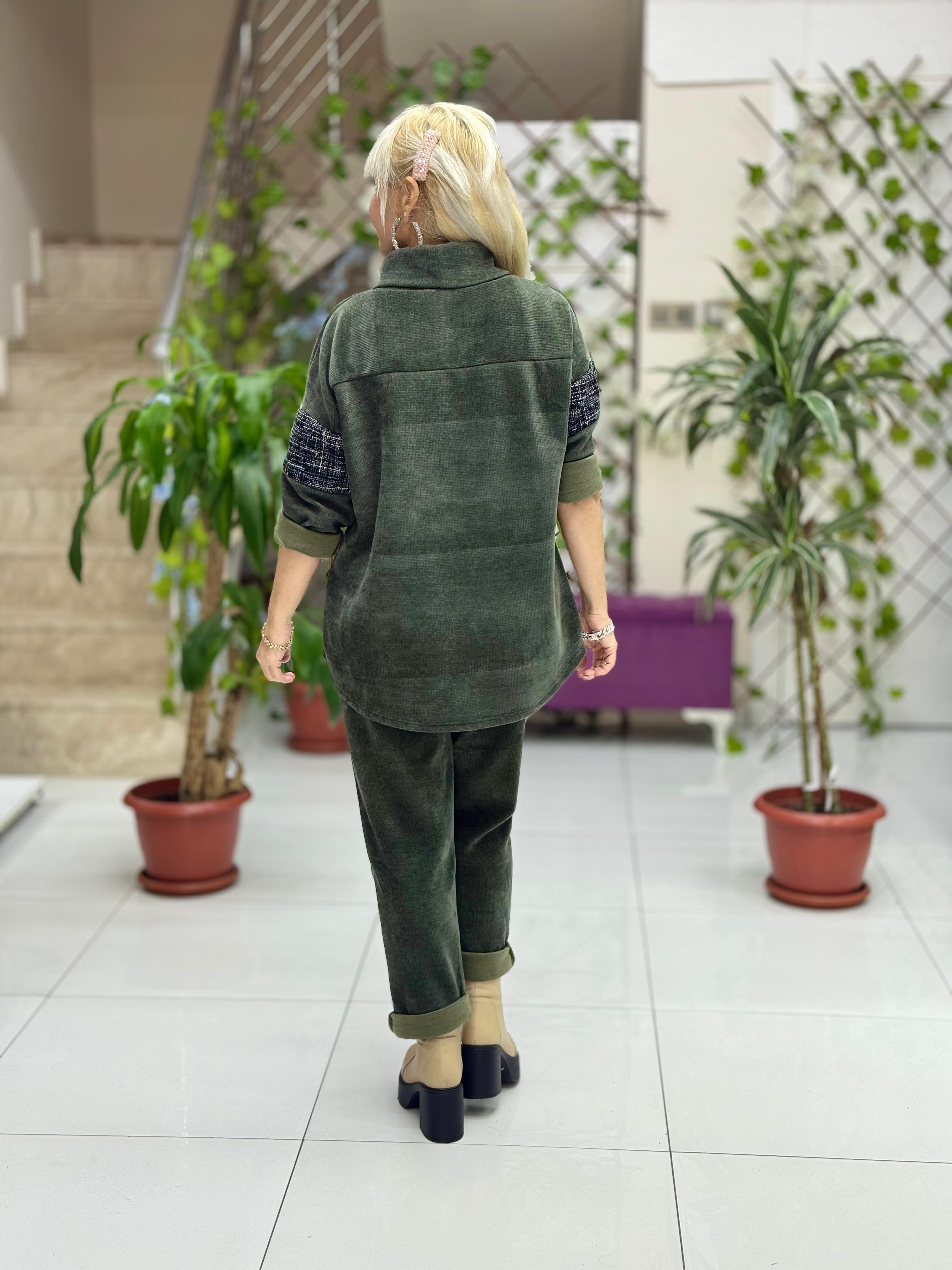 NC15517 Degaje Yaka Ayıcık Taşlı İtalyan Kadife Takım Haki