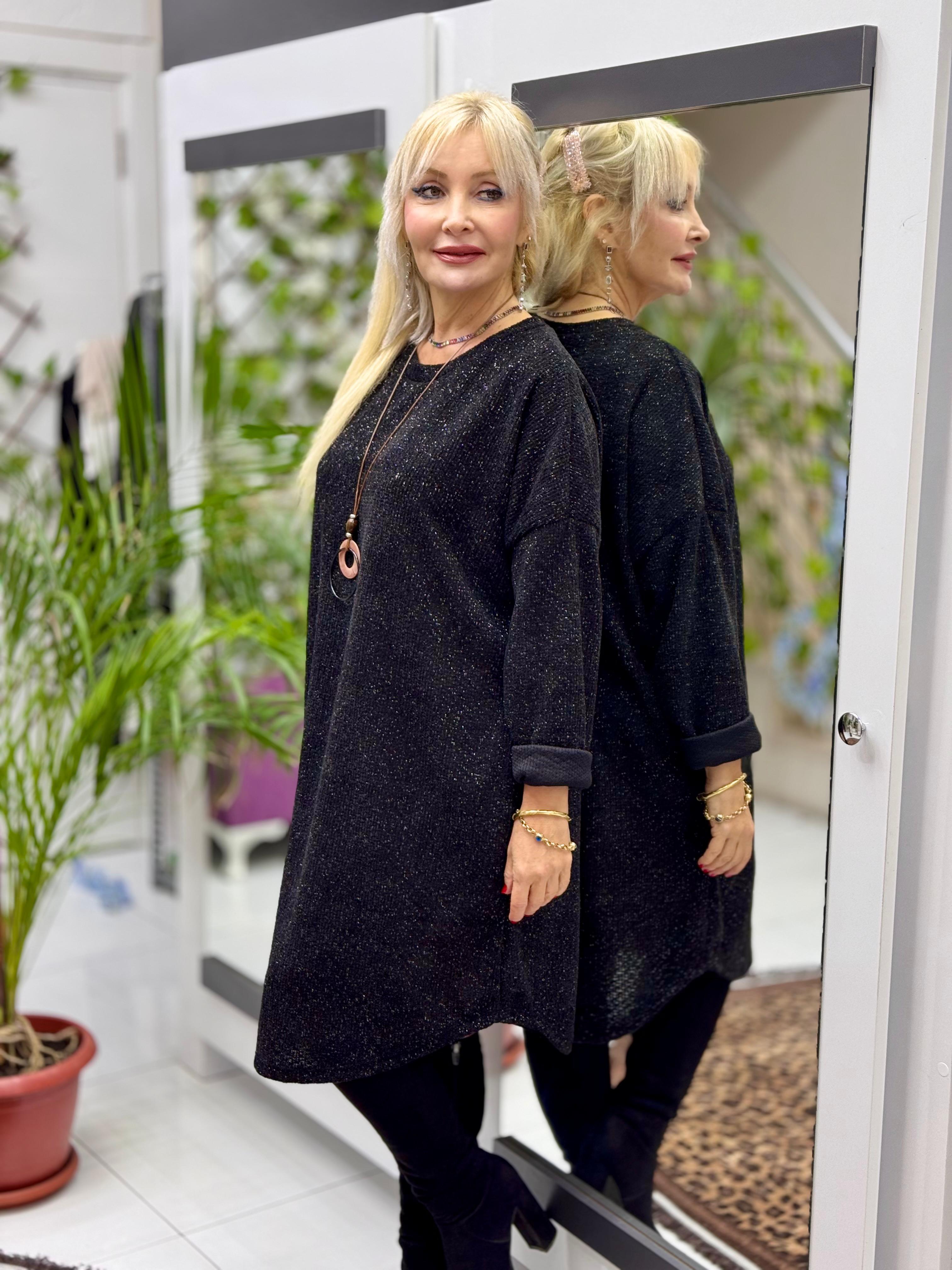 NC25158 Simit Yaka Kolyeli Simli İtalyan Kadife Elbise Siyah