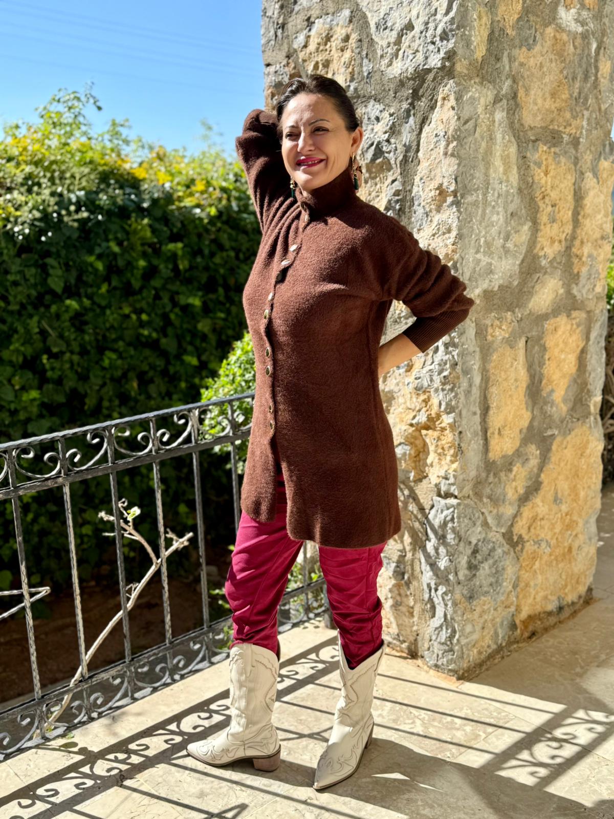 NC4079 Boydan Düğmeli Yün Kısa Hırka Kahverengi