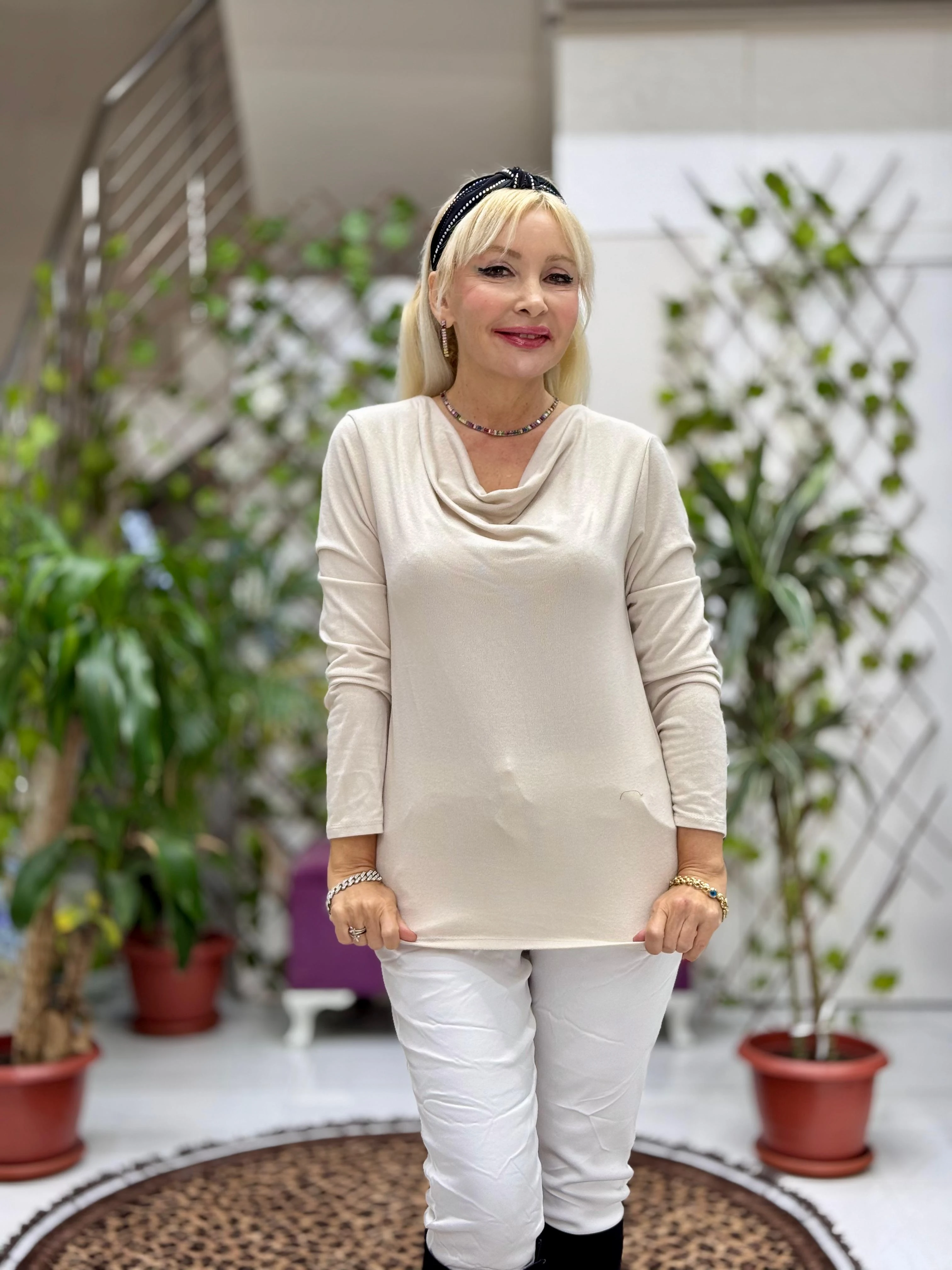 YG5172 Degaje Yaka Uzun Kollu İtalyan Triko Bluz Krem