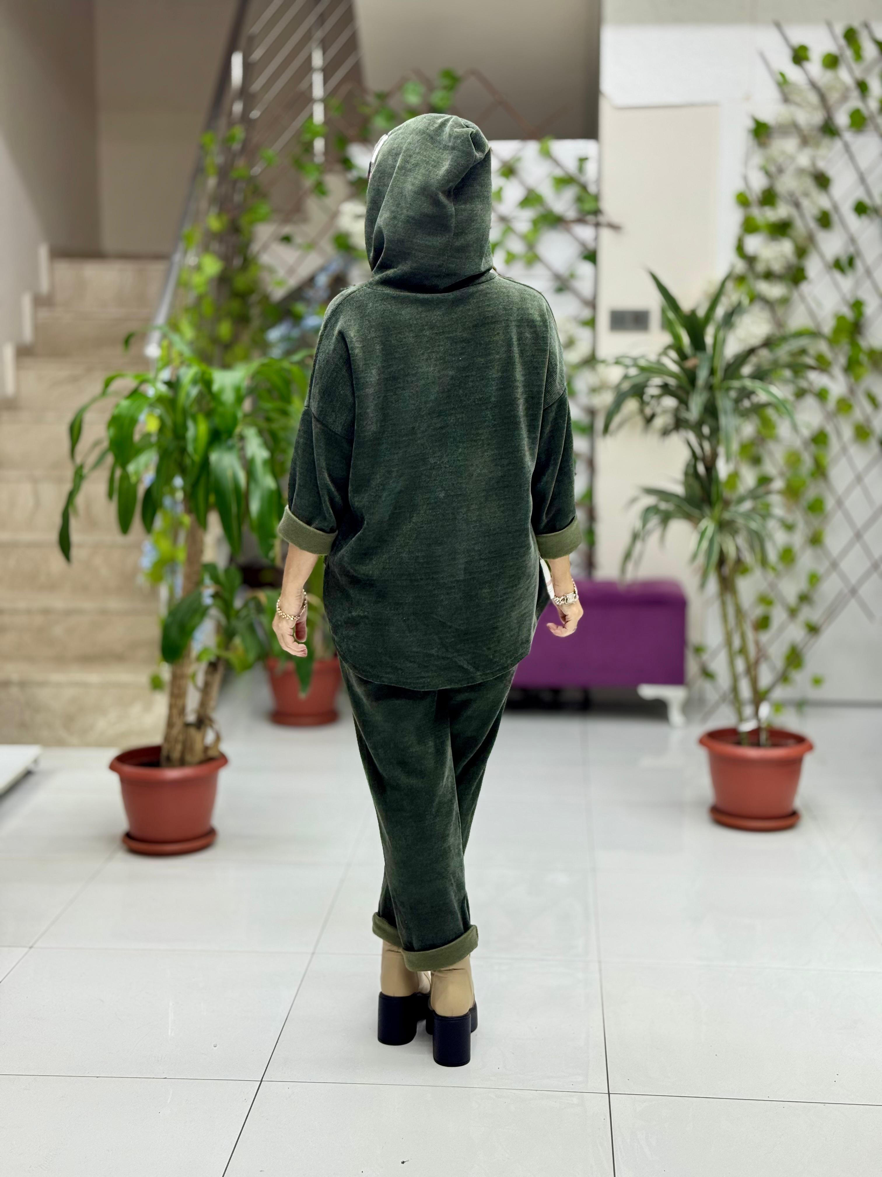 NC15502 Ekose Desenli Kapişonlu İtalyan Kadife Takım Yeşil