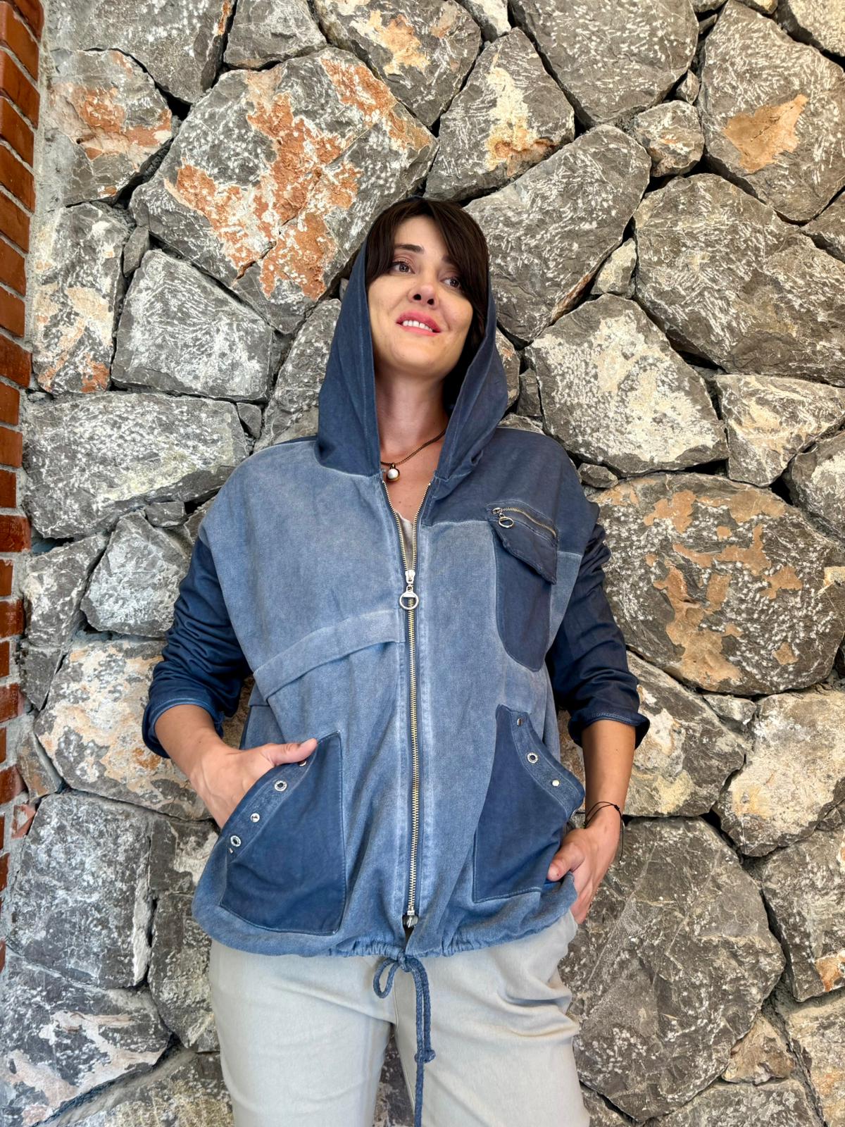 NC62020 Kapüşonlu Fermuarlı İtalyan Yıkamalı Ceket Lacivert