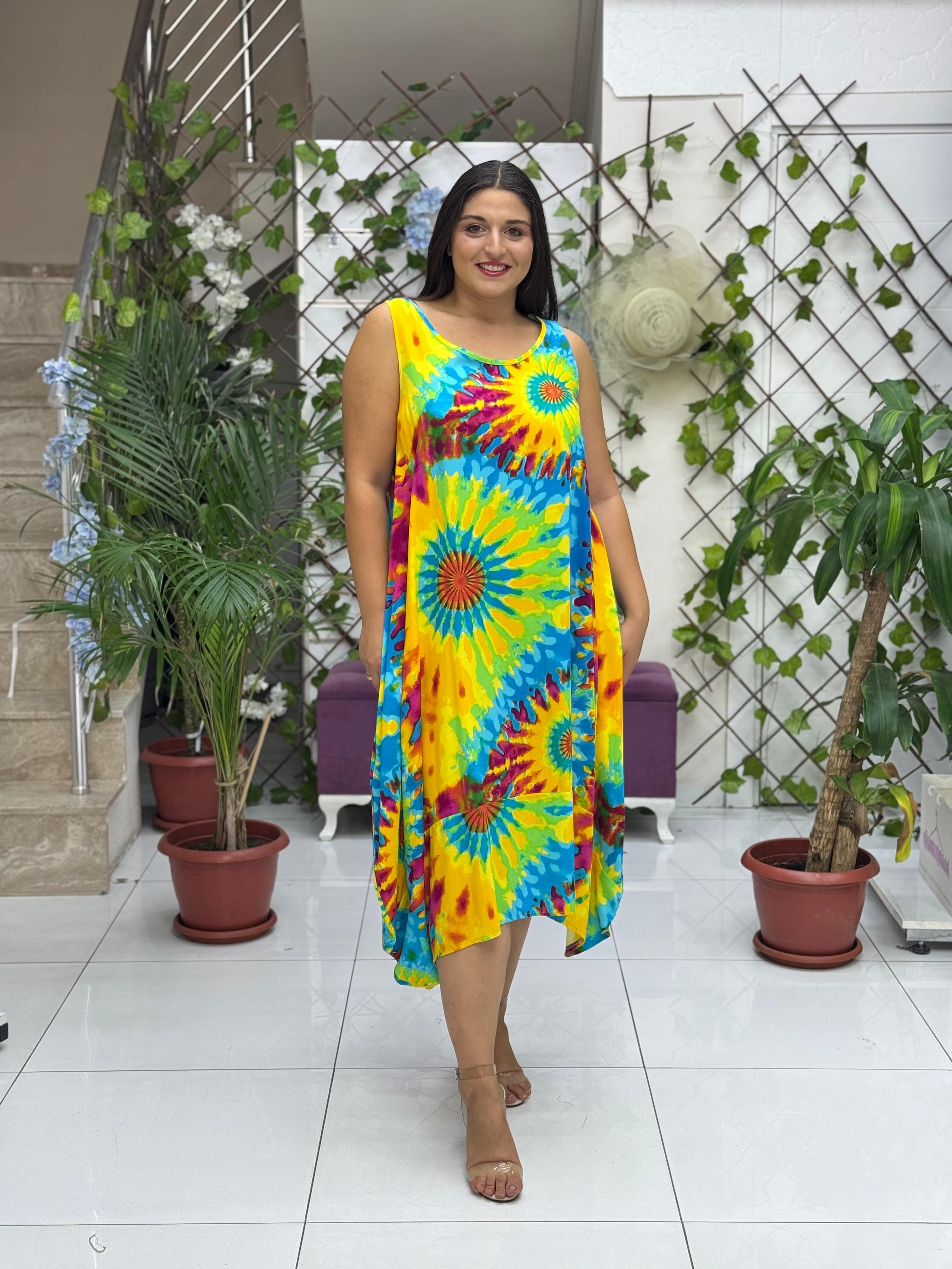 BD13305 Viskon Kolsuz Bodrum Batikli Elbise