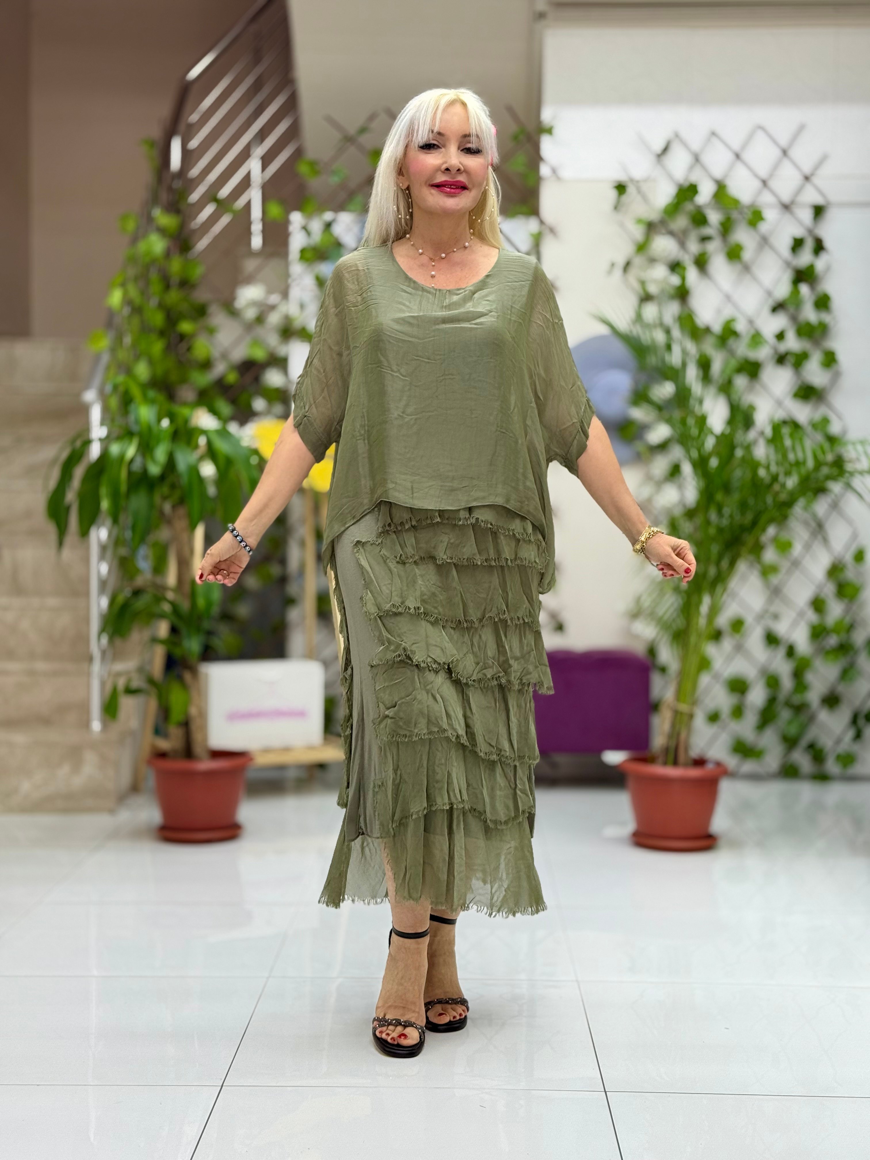 NC64740 İtalyan Katlı İpek Elbise Haki