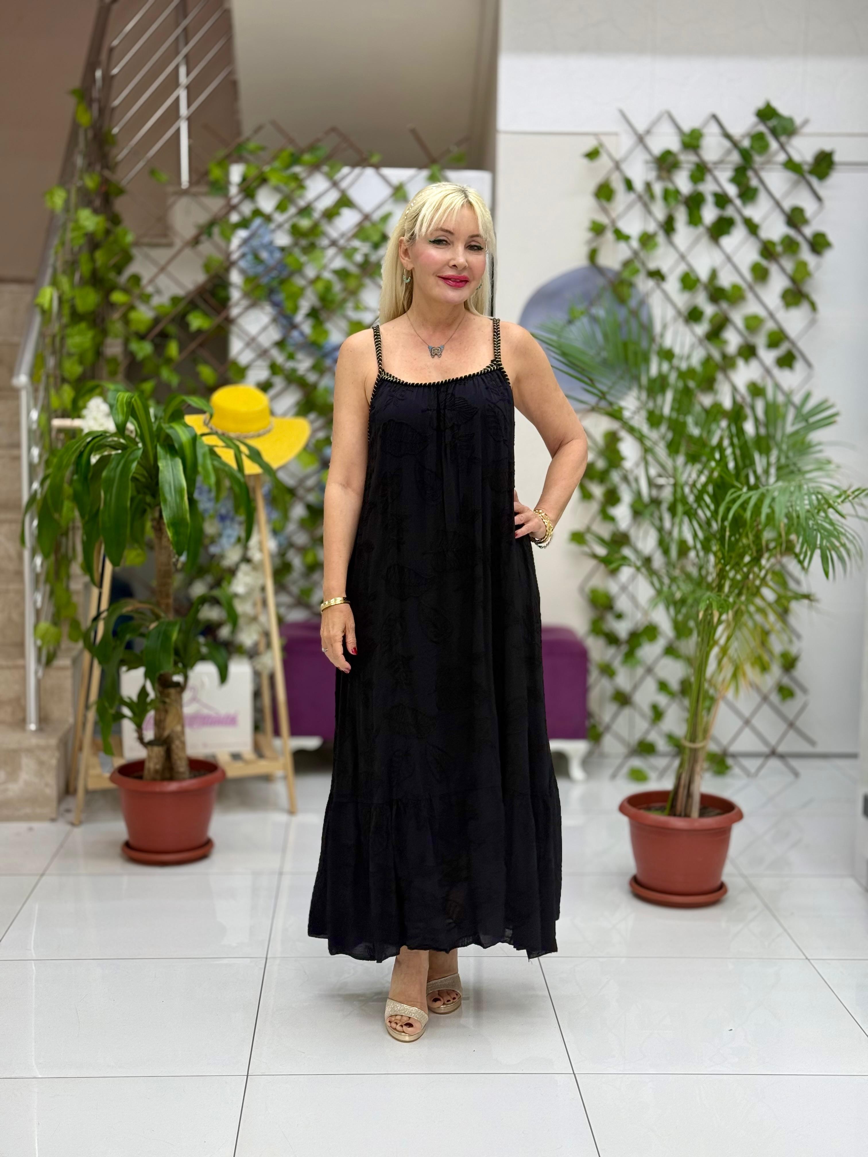 YG6161 İtalyan İp Askılı Nakışlı Coton Elbise Siyah