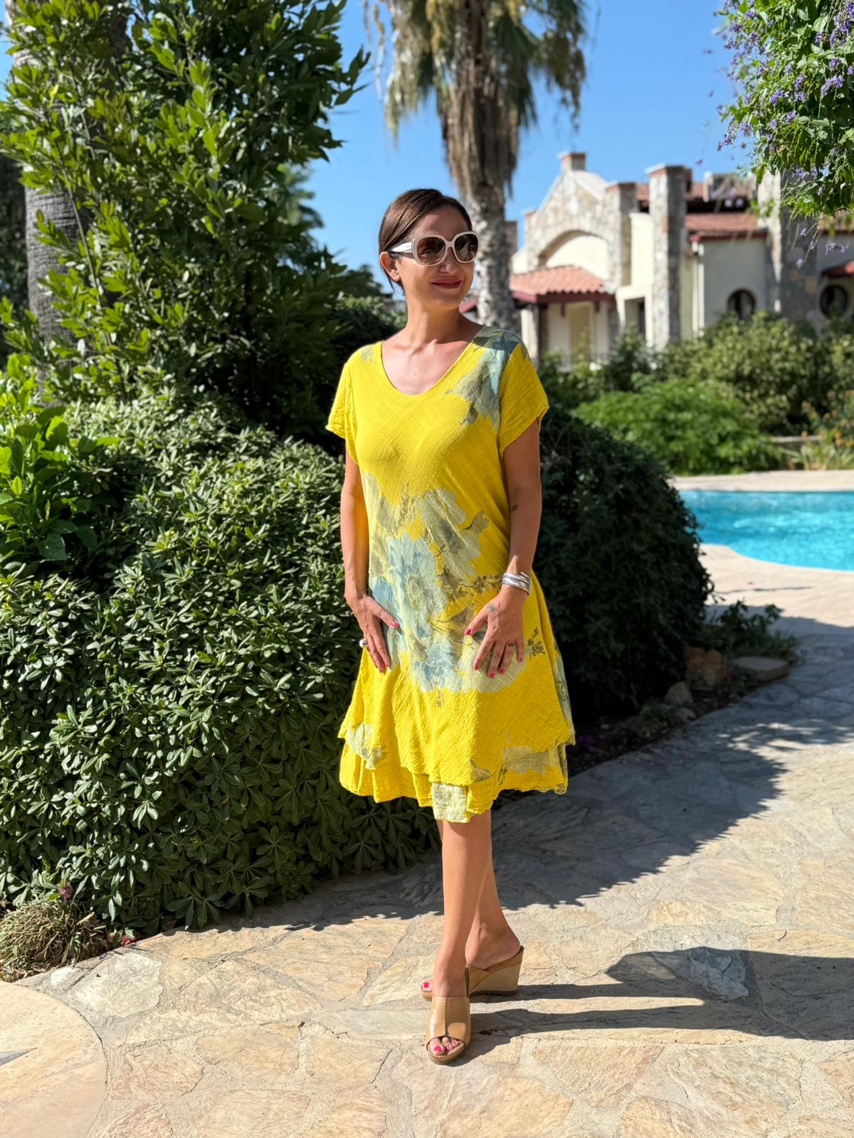 NC50121 İtalyan Kısa Kol Pamuk Keten Elbise Sarı