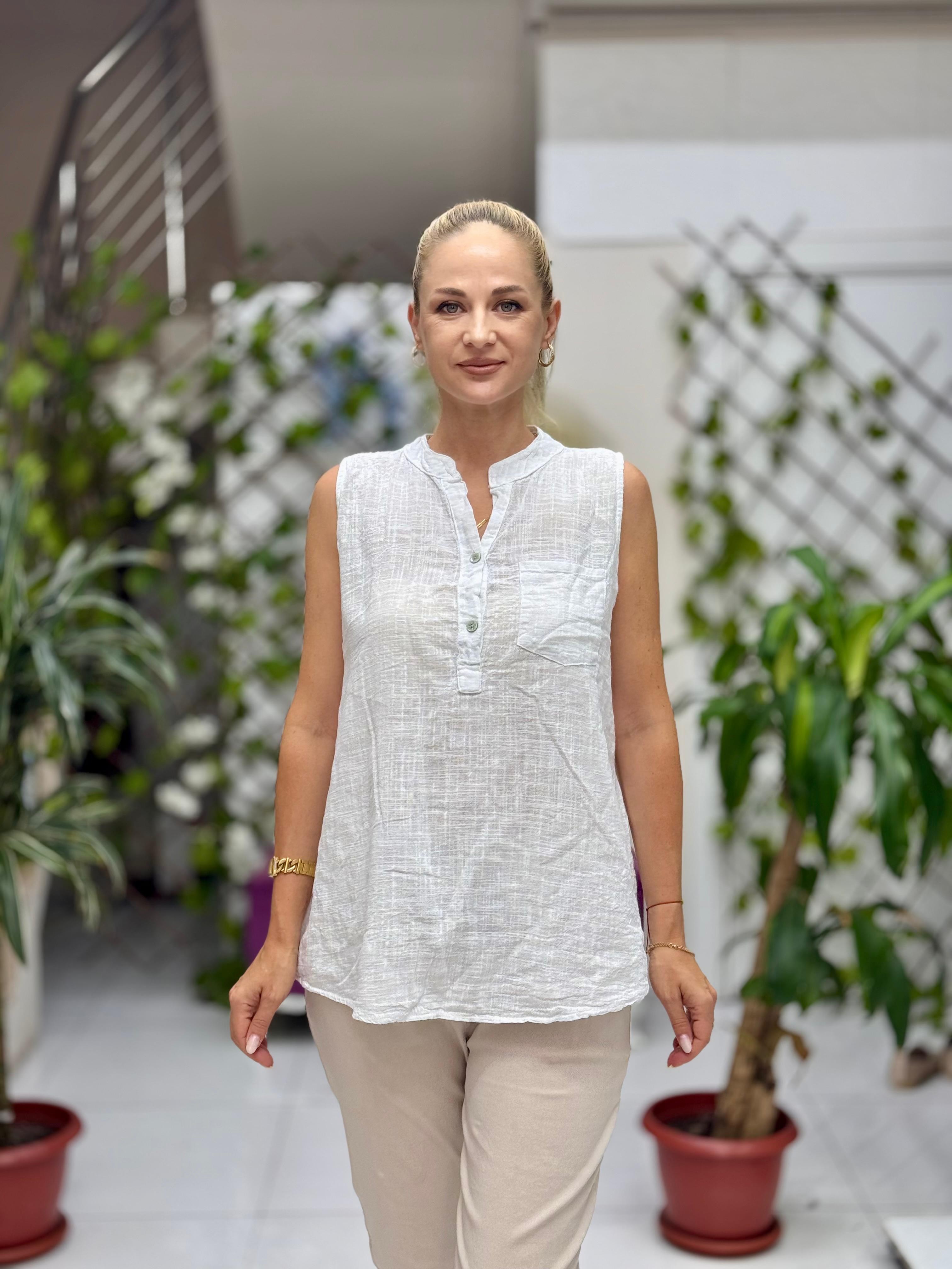 LS8819E Kolsuz Pamukketen Cepli İtalyan Bluz Beyaz