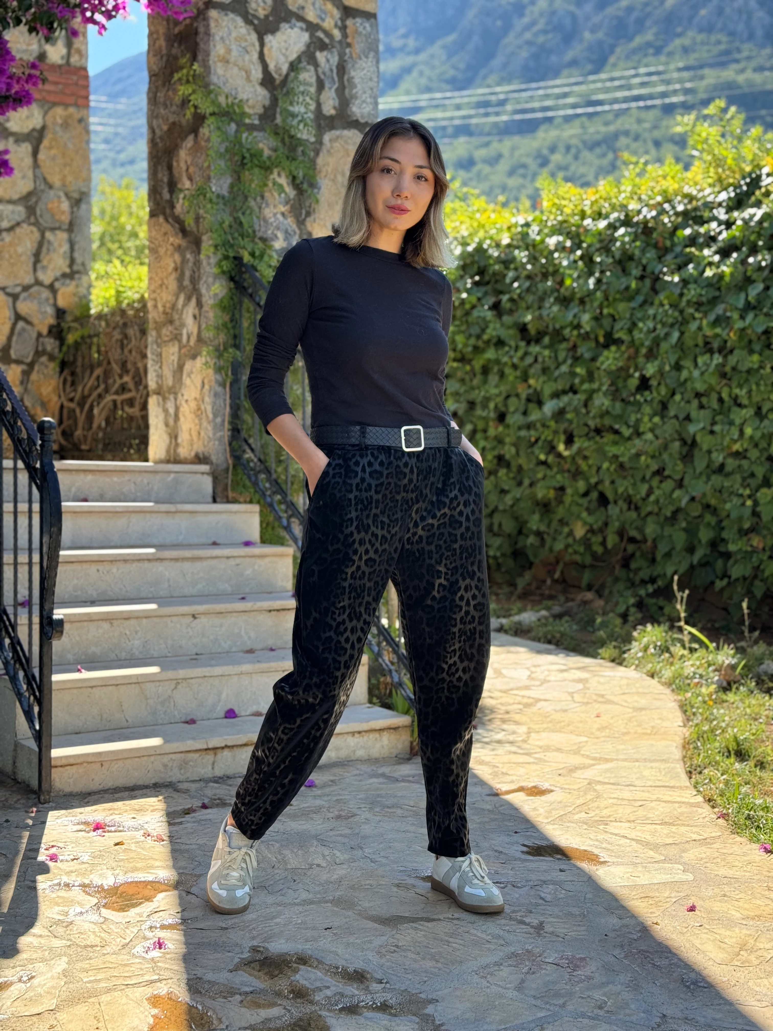 NC242976 italyan Leopar Desen Deri Pantolon Siyah