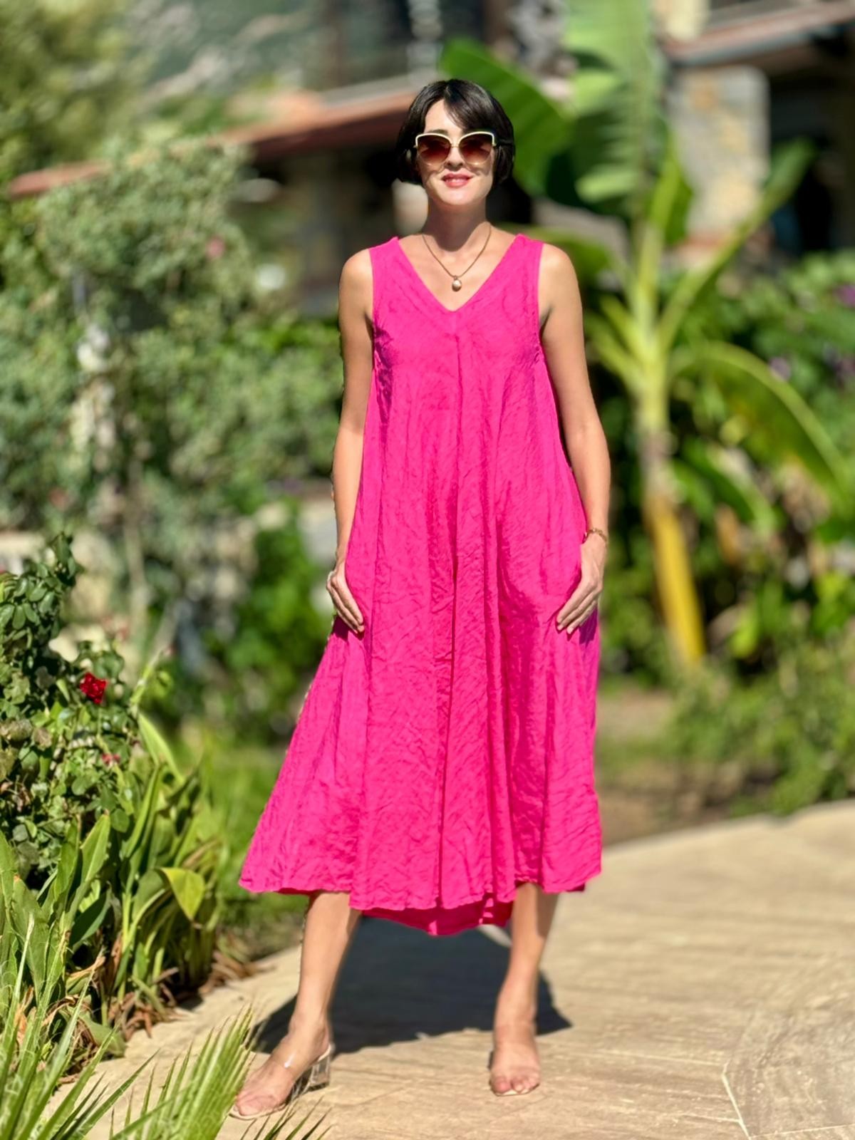 NC14916 İtalyan Kolsuz Keten Elbise Pembe
