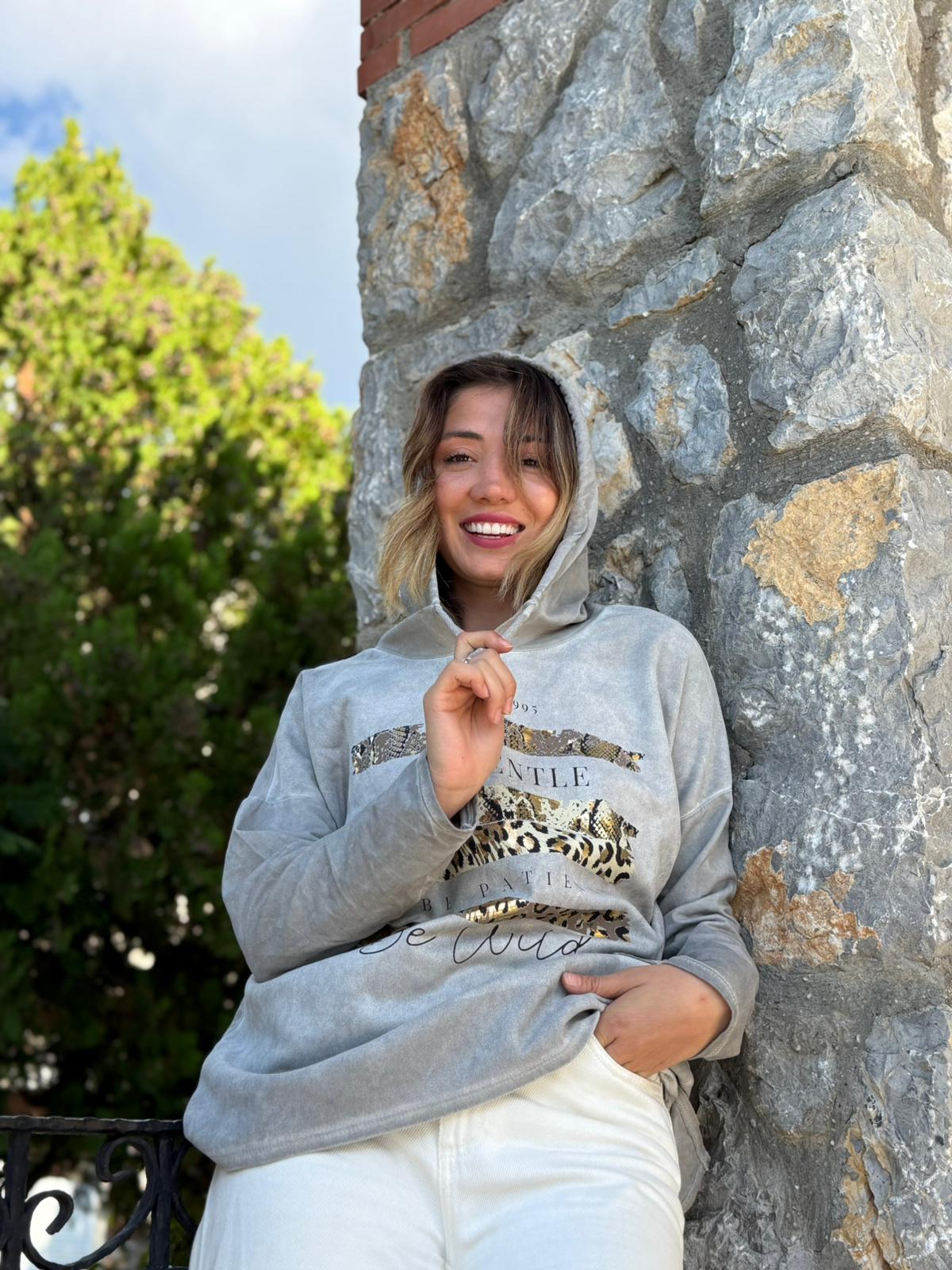 NC56152 İtalyan Leopar Baskılı Kapüşonlu Sweatshirt Gri