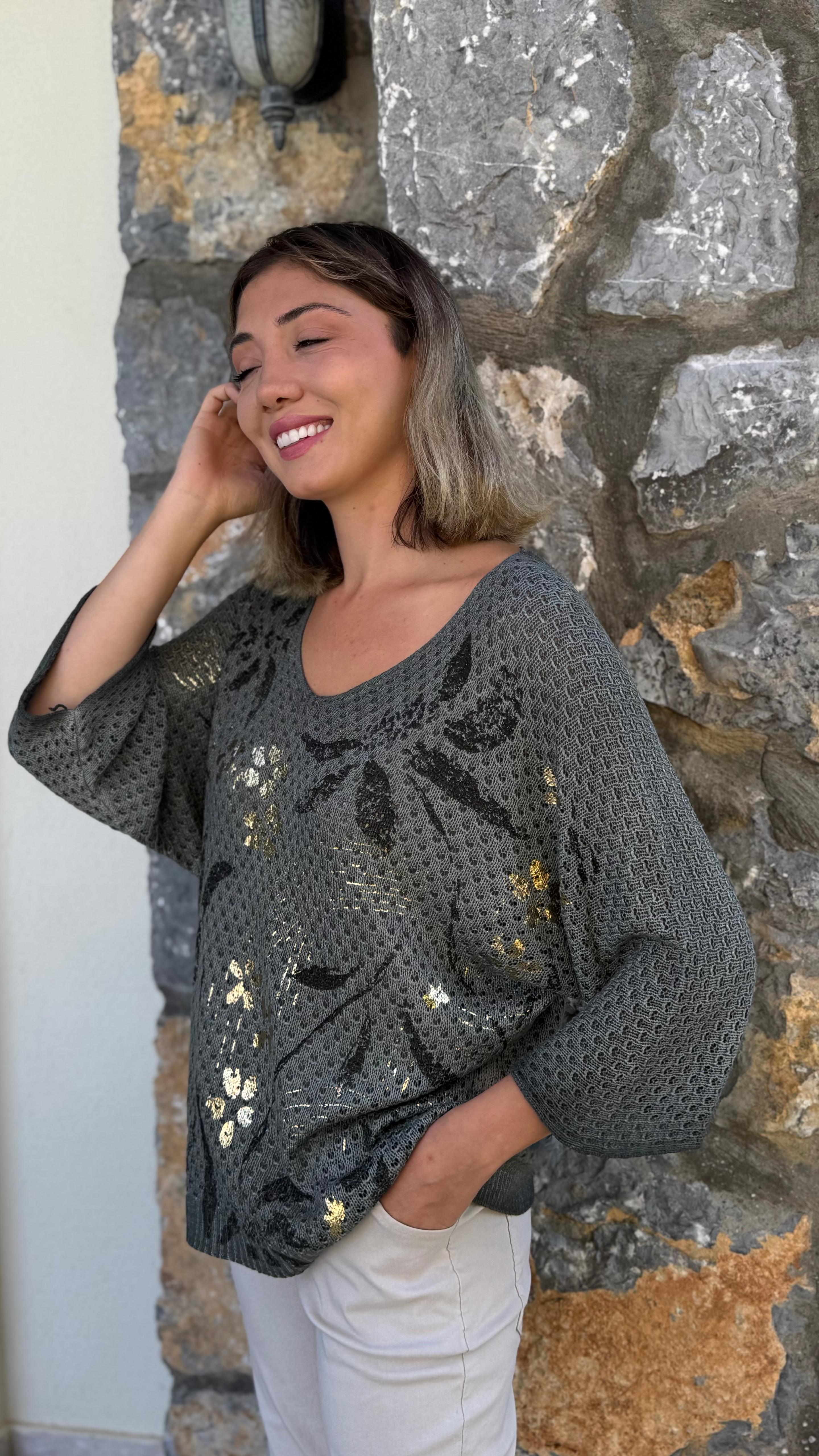 FXLS7514 İtalyan Yaprak Desen Triko Bluz Haki