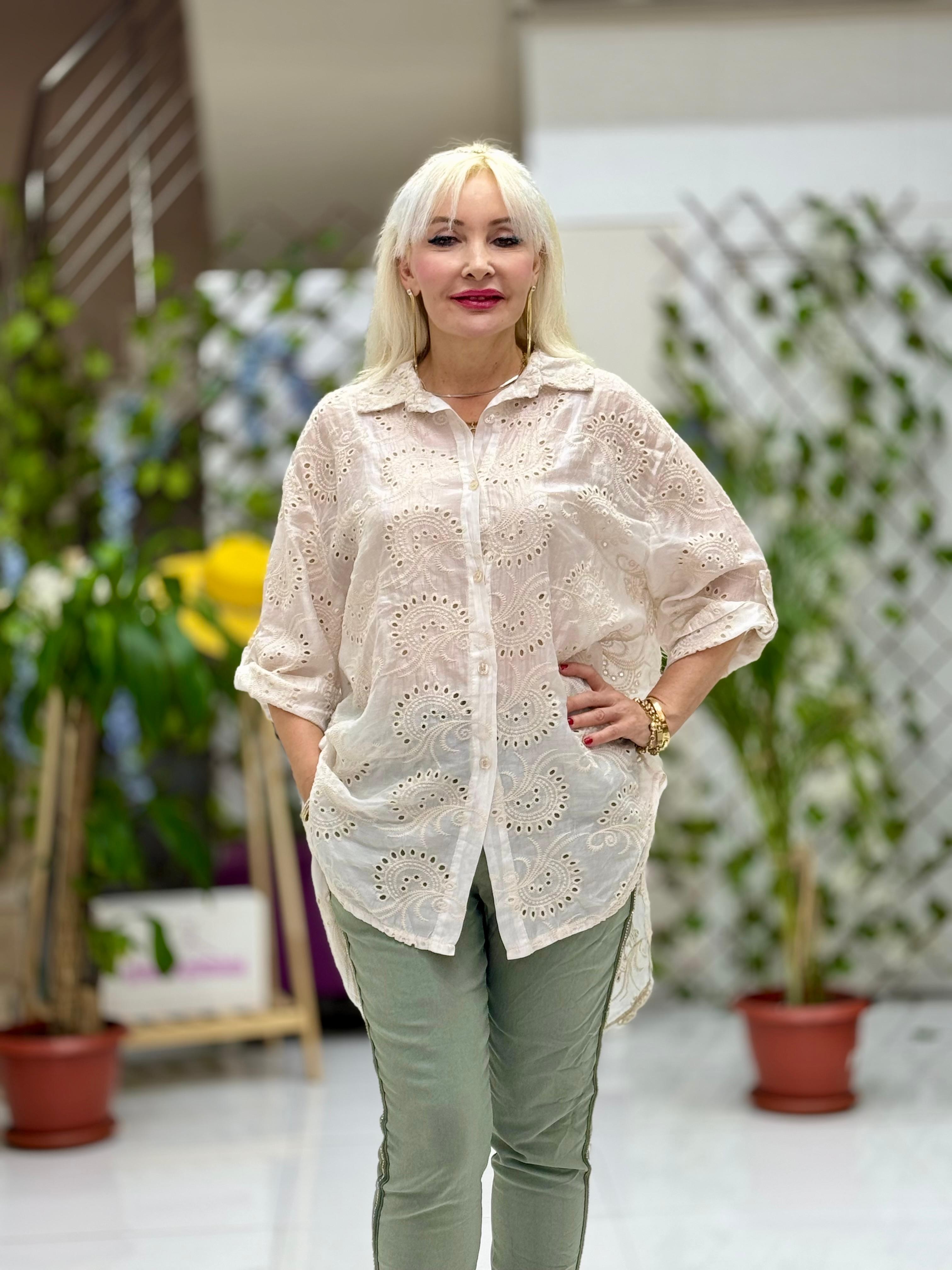 YG2038 İtalyan Brodeli İpek Tunik Krem