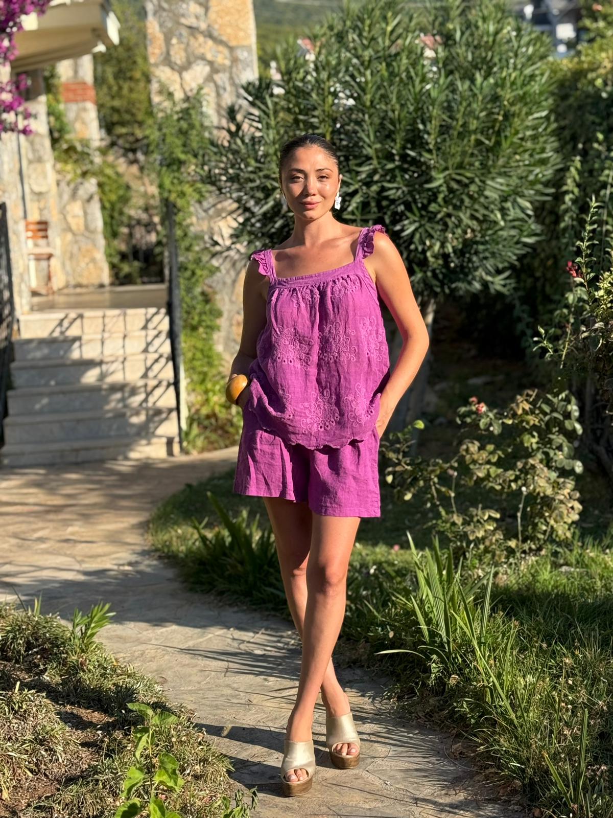 N10661 Traje Italiano Lino Ciruela