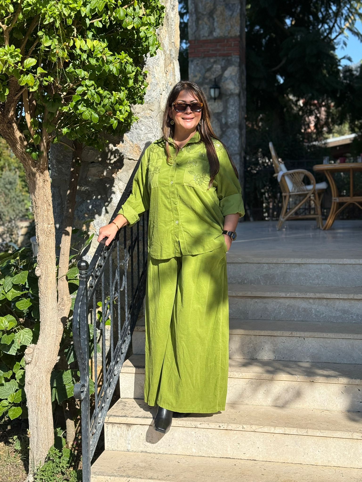 NC25446 İtalyan Kadife Pullu Pantolon Bluz Takım Fıstık Yeşili