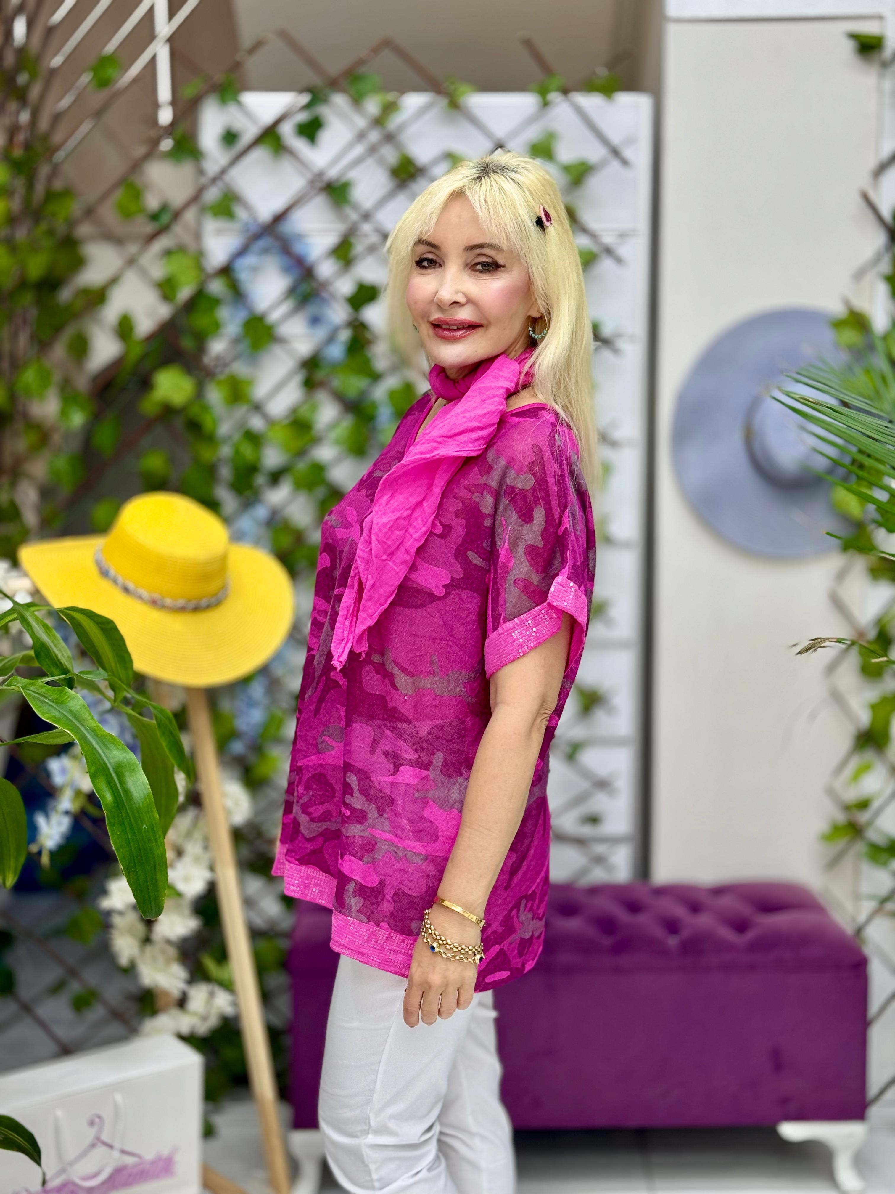 NC8560 İtalyan Kamuflaj Desen Fularlı Coton Bluz Pembe