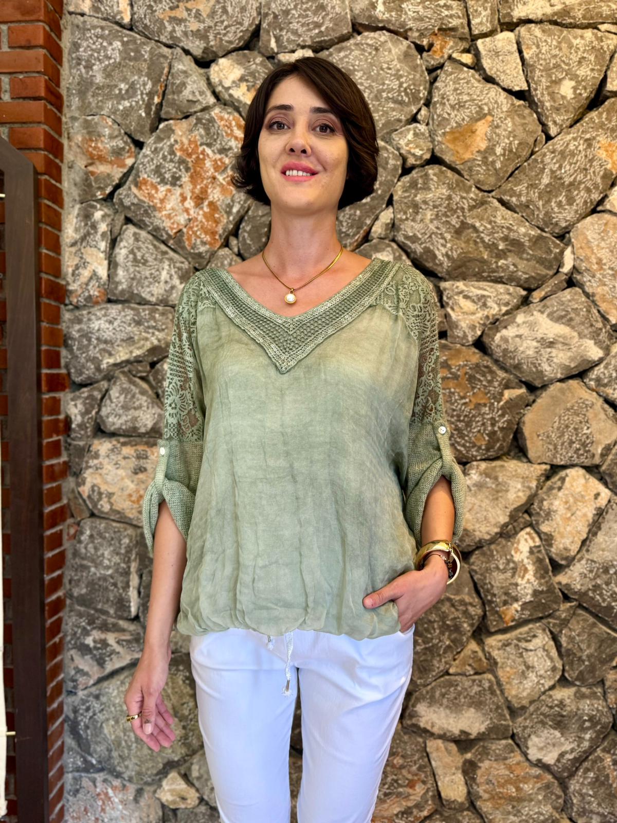NC1889 Sırt ve Omuz Dantelli İpek Triko İtalyan Bluz Yeşil
