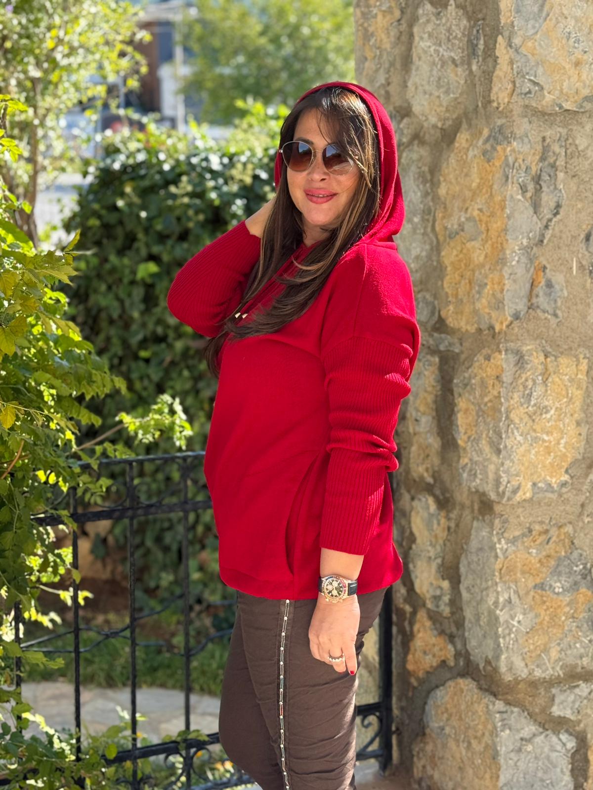 MT3096 Kapüşonlu Cepli Triko Sweatshirt Kırmızı