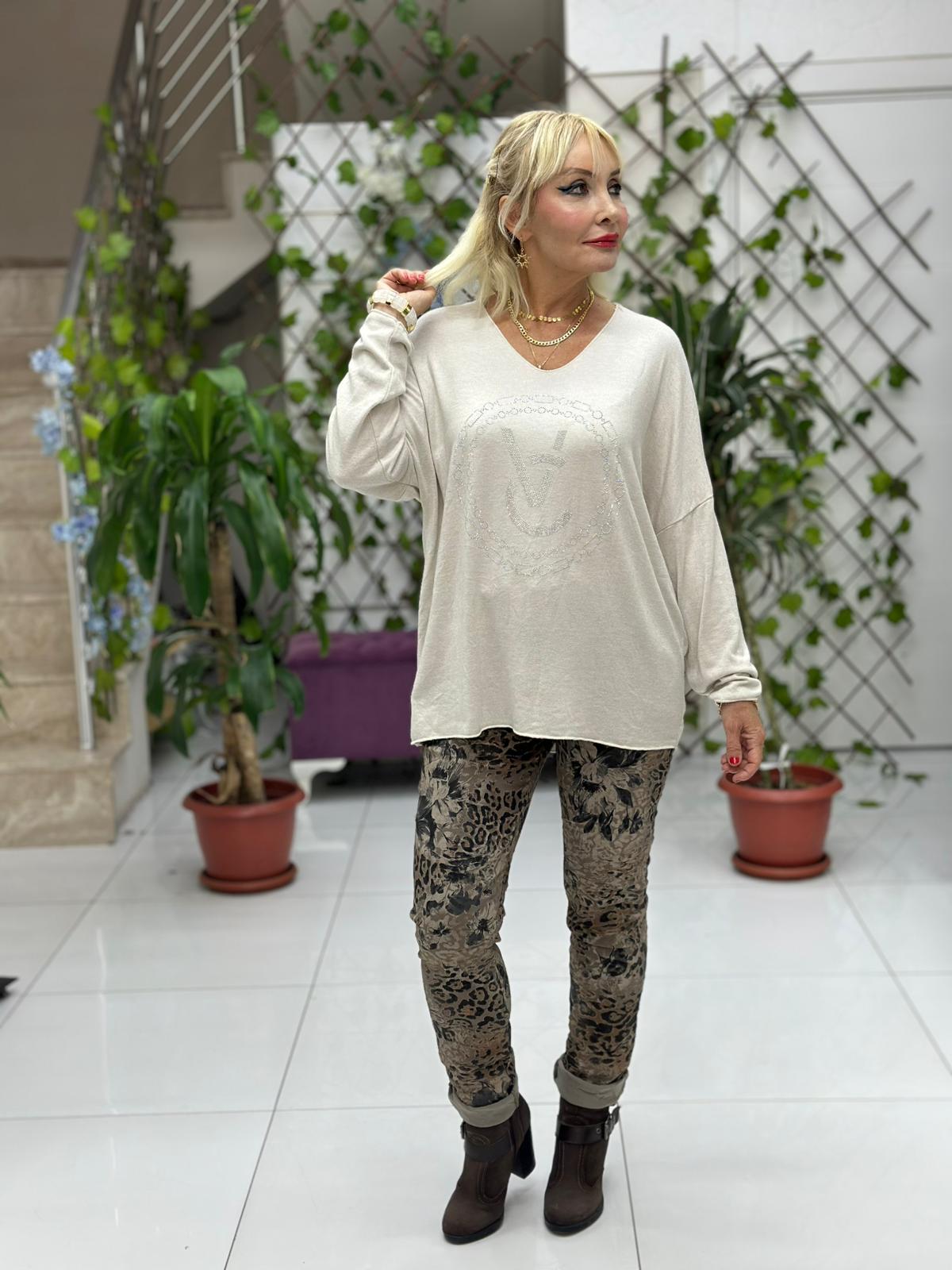 LS82681 İtalyan Taş Baskılı Triko Bluz Bej