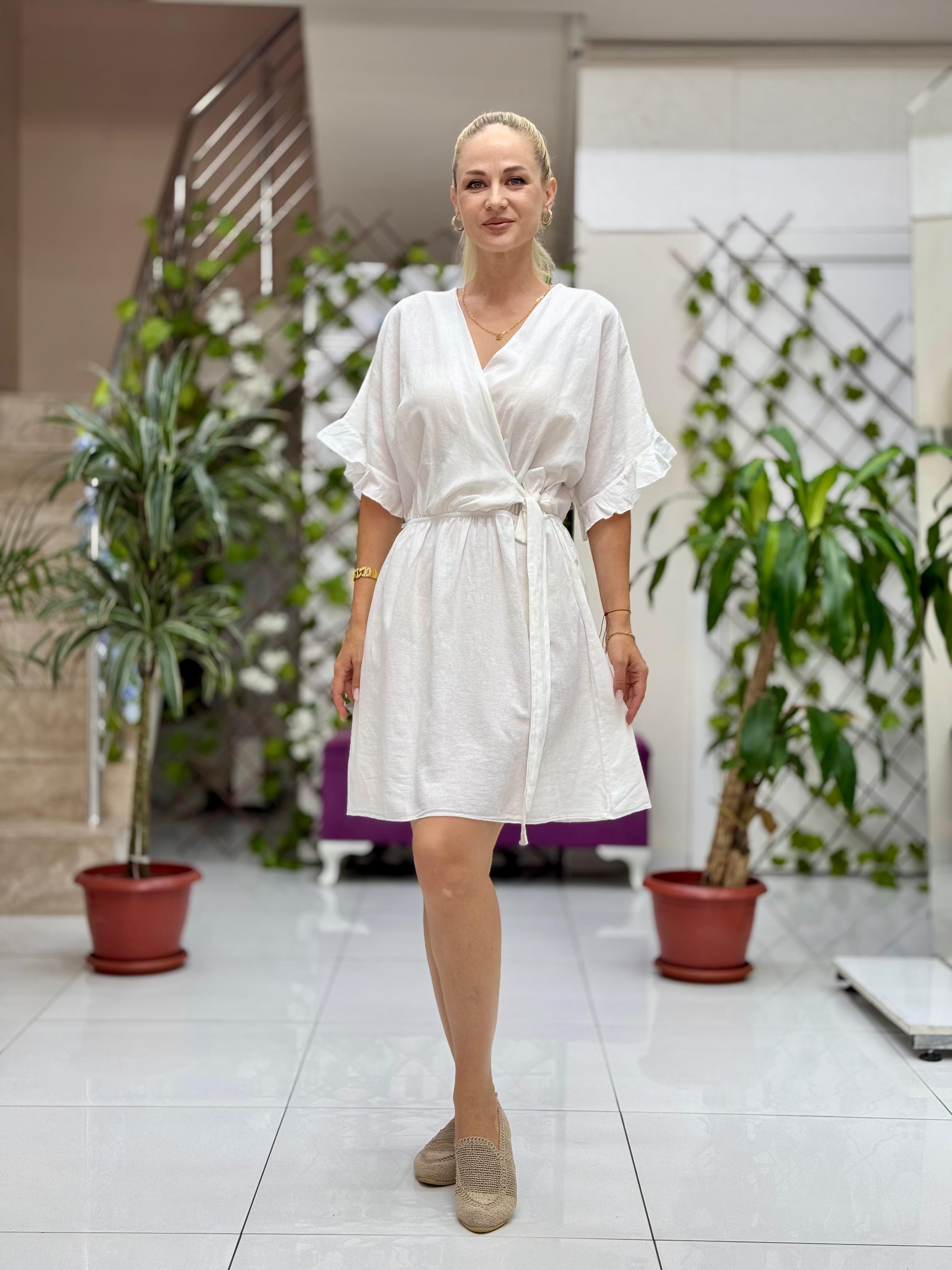 PT25070 Coton Mini Belden Bağlamalı Anvelop Elbise Beyaz
