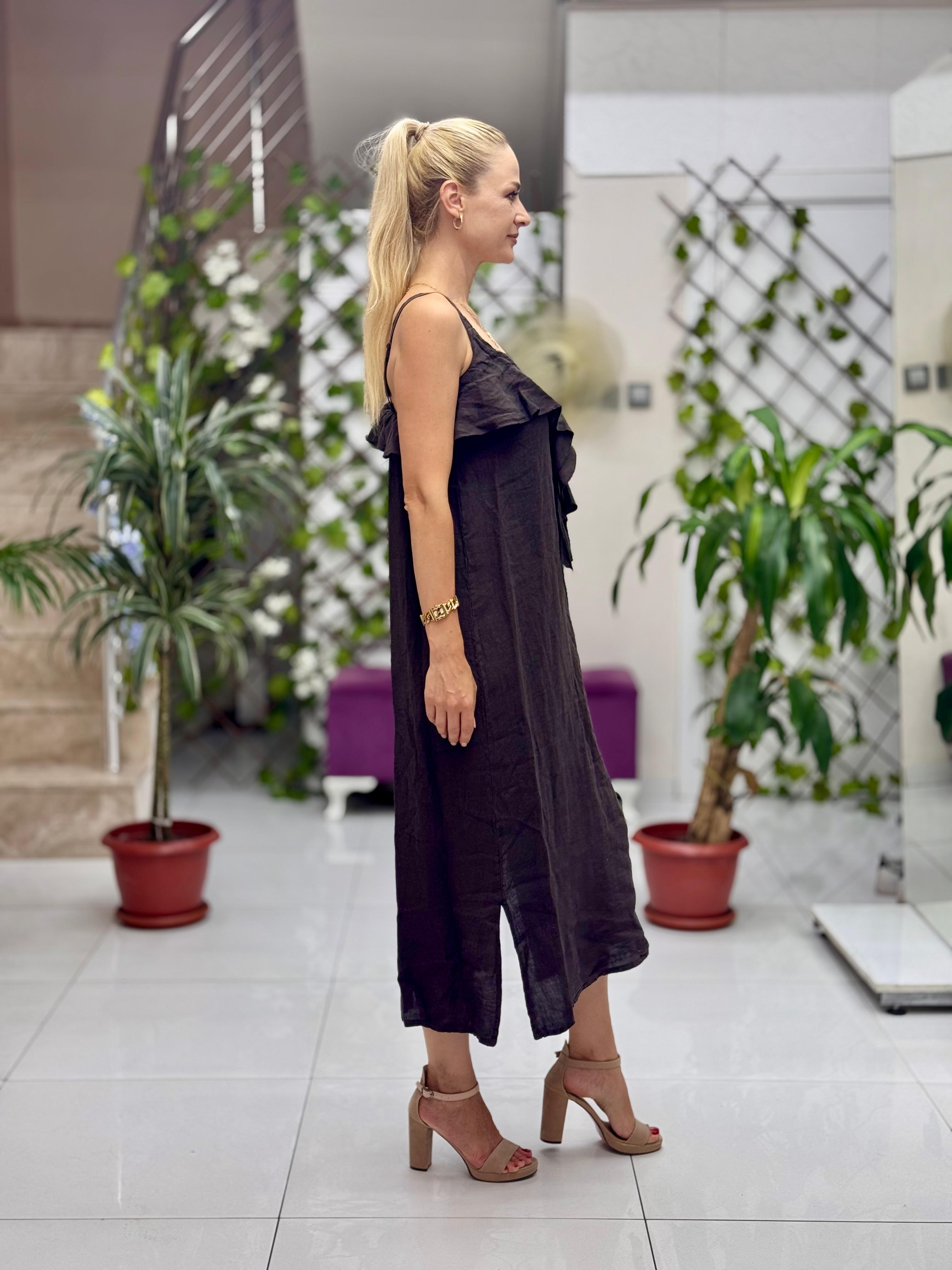 NC2132 İp Askılı Keten Önü Fırfırlı İtalyan Elbise Kahve