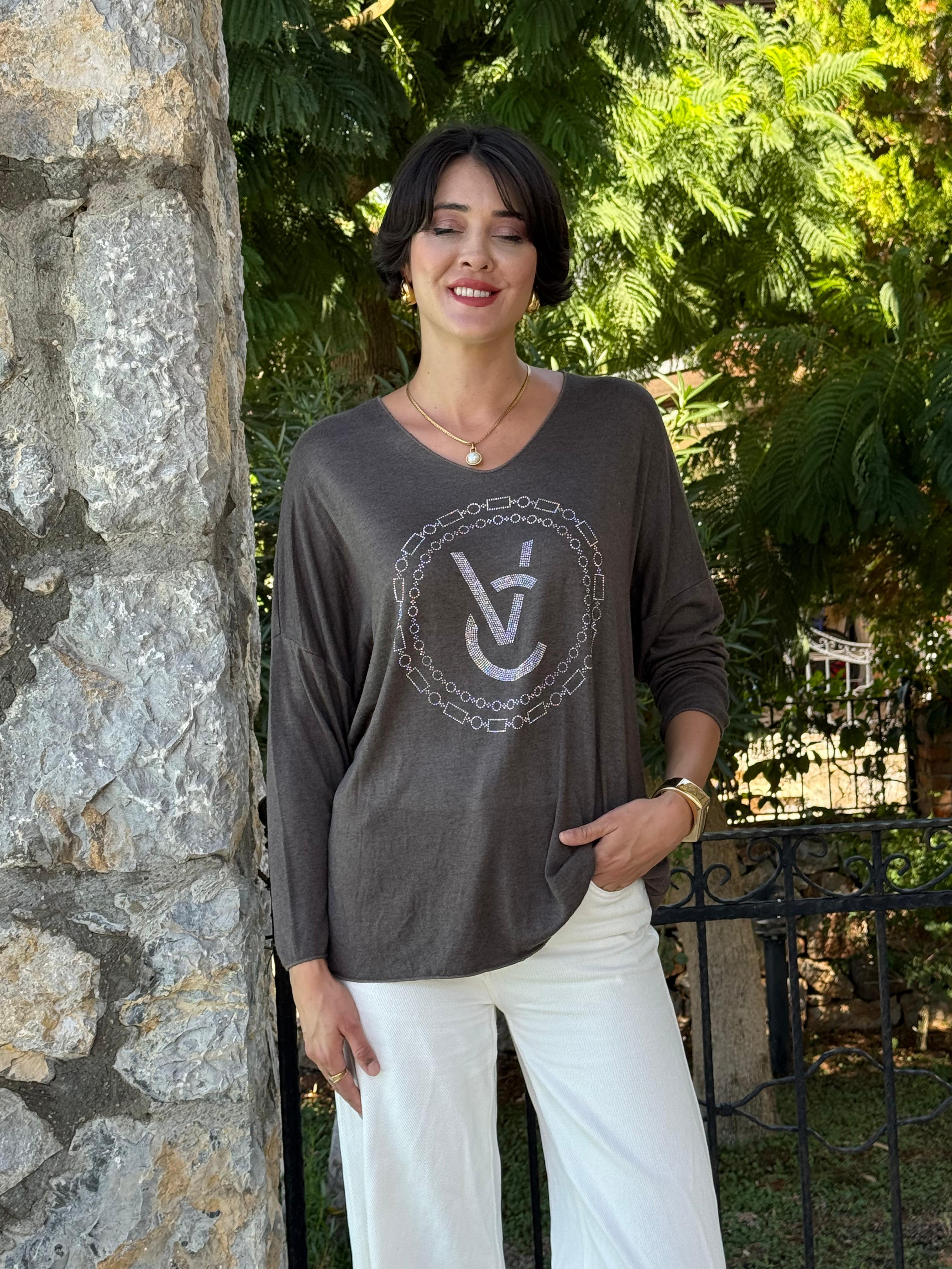 FXLS82681 İtalyan Taş Baskılı Triko Bluz Kahverengi