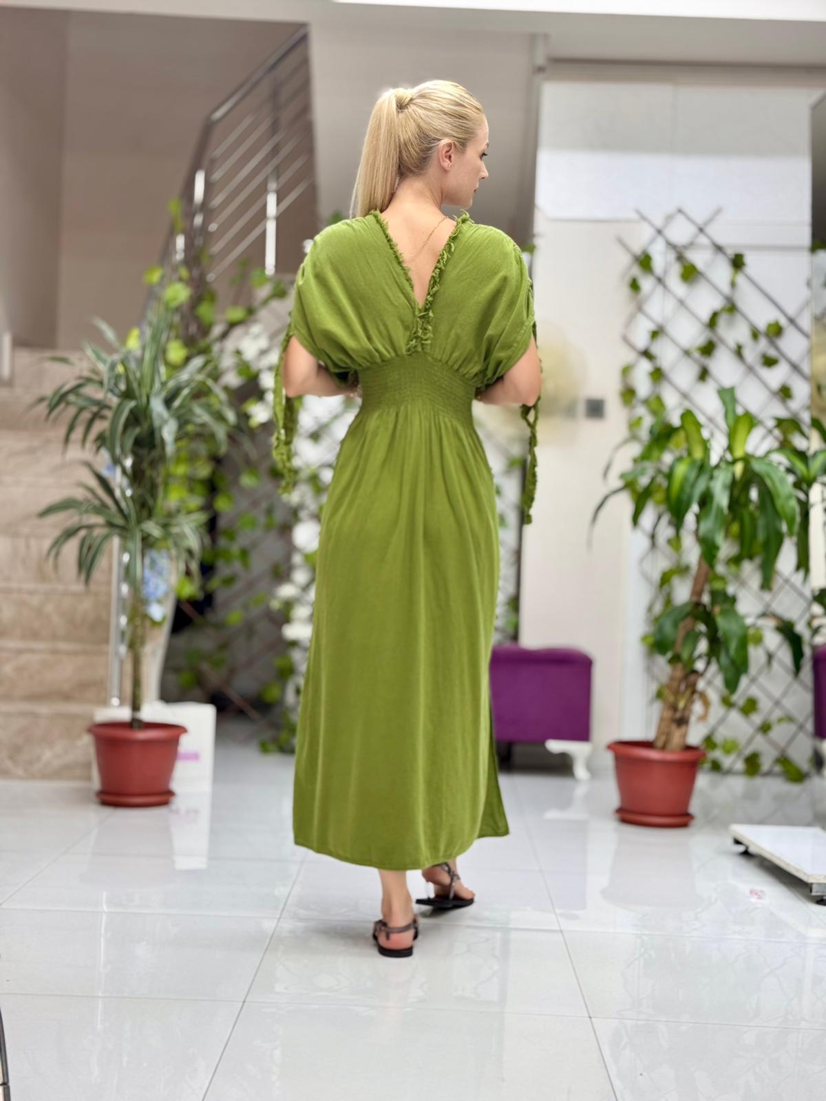 PT242500 Beli Lastikli Yaka Omuz Püsküllü Derin Yırtmaçlı Coton Elbise Yeşil