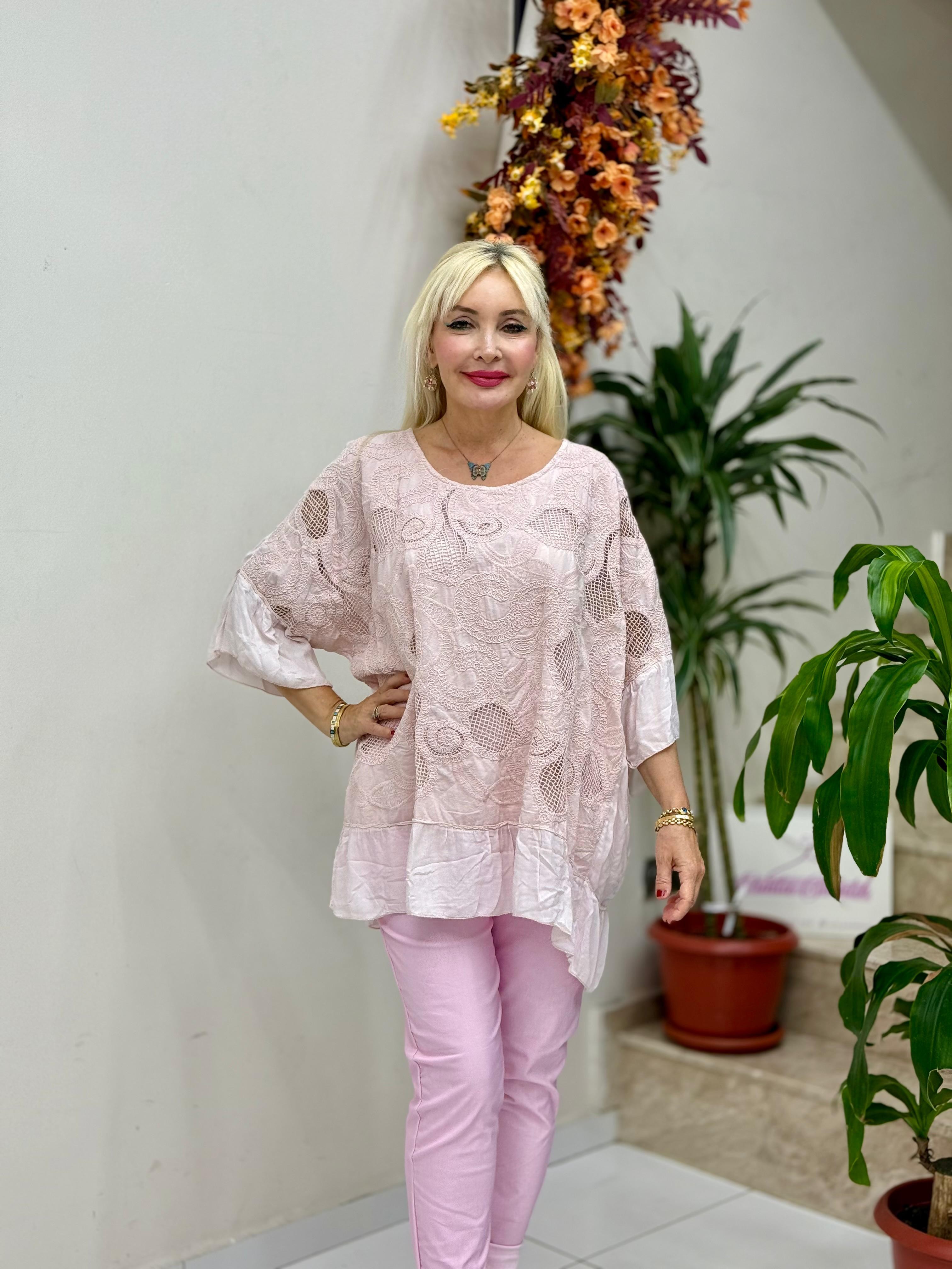 YG6221 İtalyan File Detay Coton Bluz Pudra