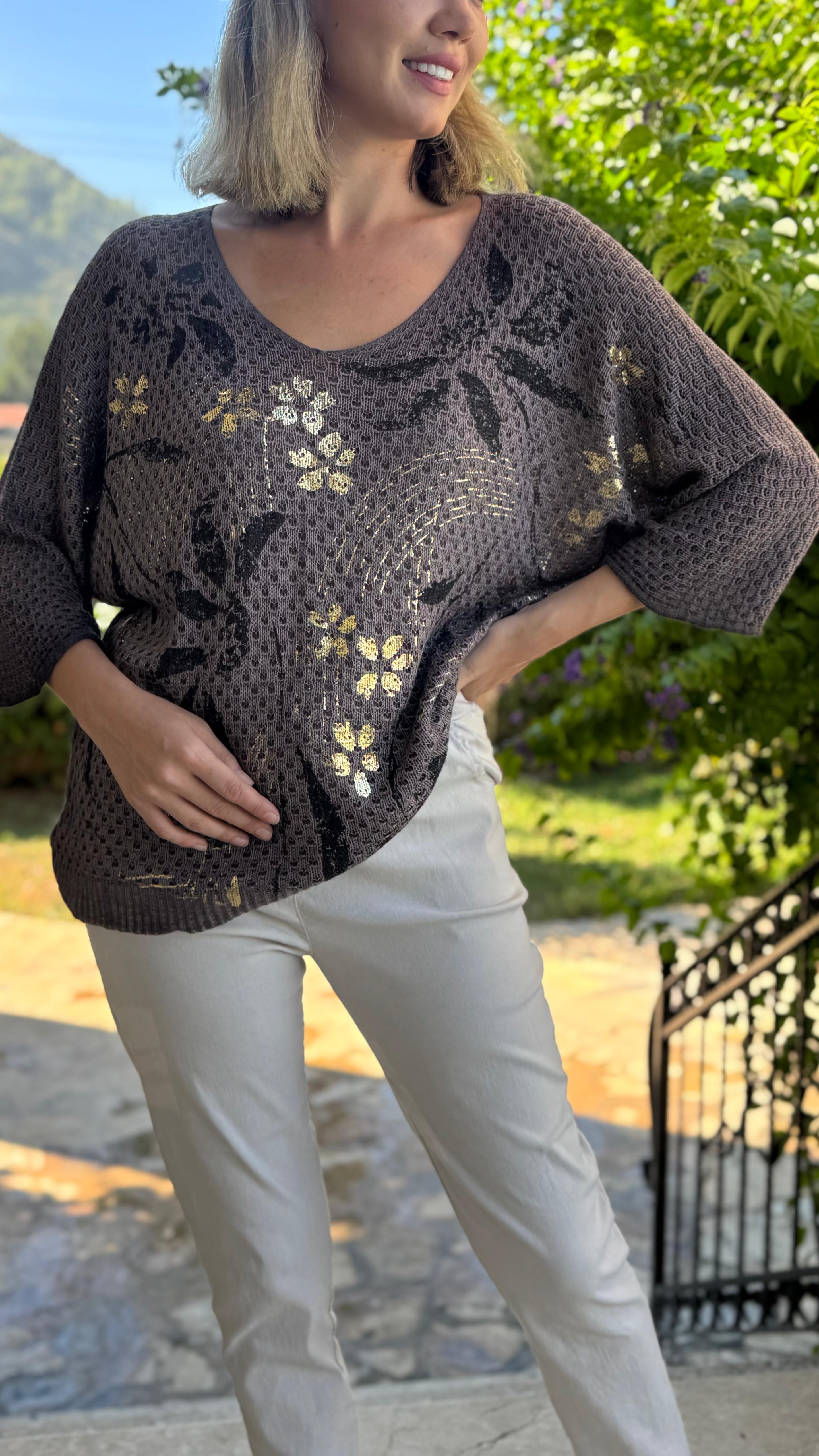 FXLS7514 İtalyan Yaprak Desen Triko Bluz Kahverengi