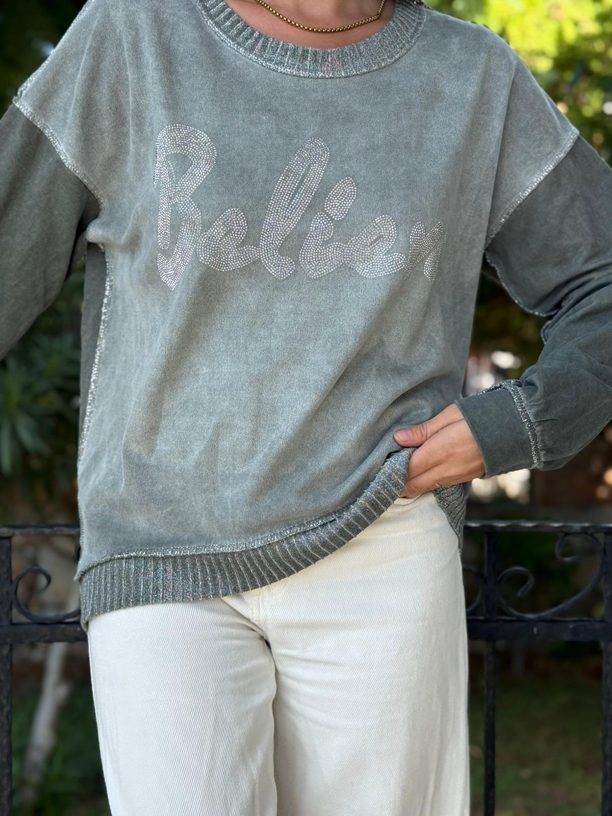 NC58939 İtalyan Believe Taşlı Sweatshirt Haki