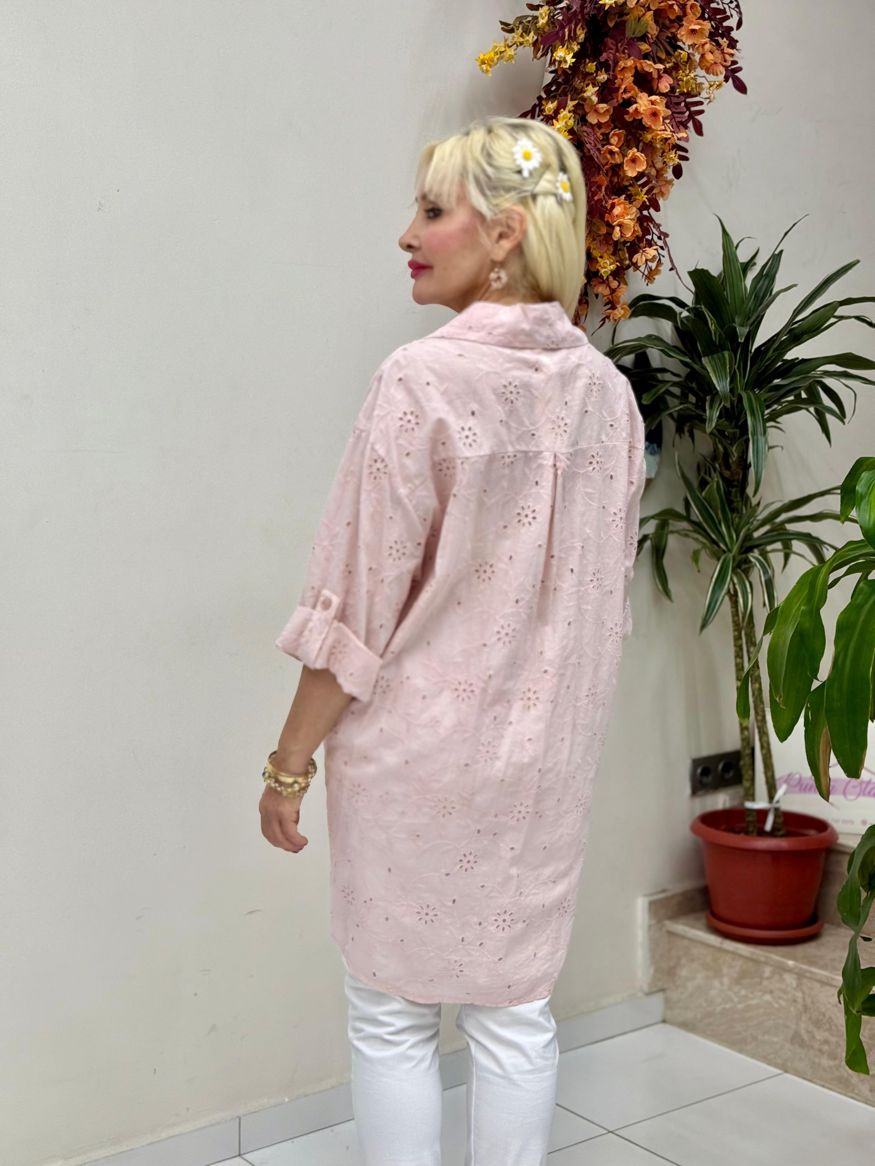 YG1360 İtalyan Brodeli Tunik Gömlek Pudra