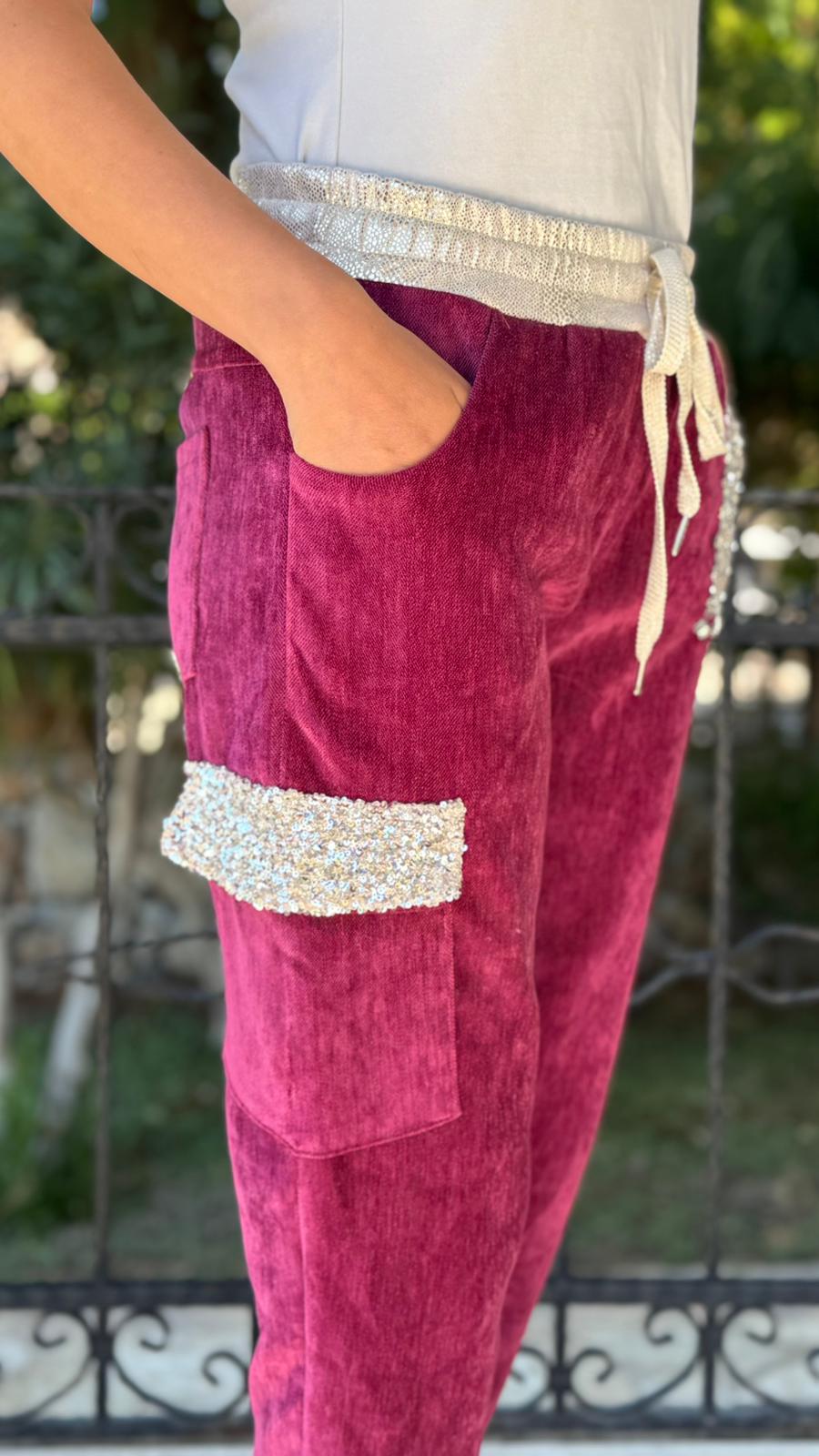 LS13220 İtalyan Cebi Taşlı Kadife Pantolon Vişne